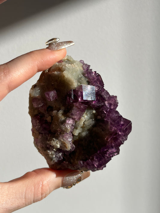Anhui Fluorite on Druzy Quartz Matrix Specimen E