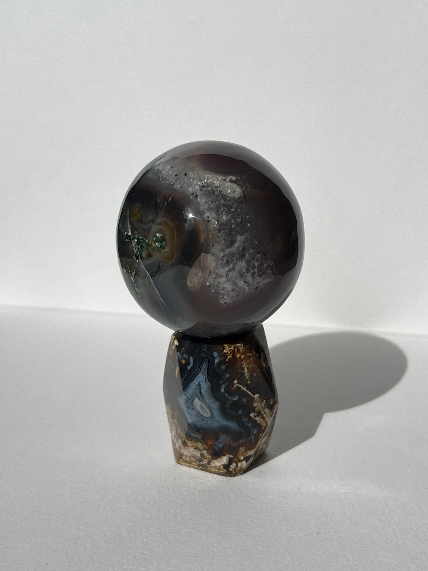 East Indonesian Agate with Green Moss Sphere on Geometric Faceted Crystal Stand B