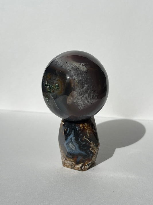 East Indonesian Agate with Green Moss Sphere on Geometric Faceted Crystal Stand B