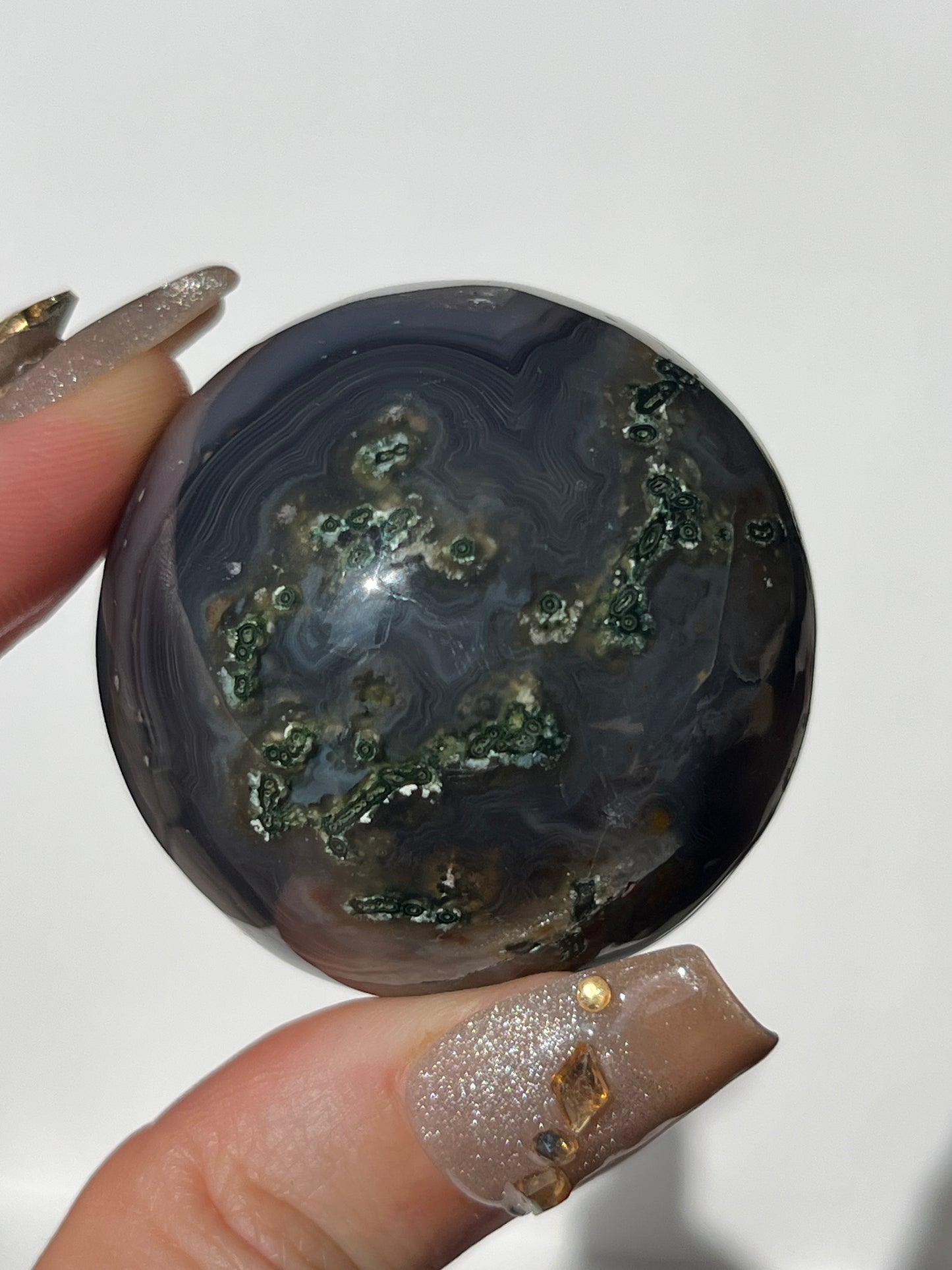 East Indonesian Agate with Green Moss Sphere on Geometric Faceted Crystal Stand B