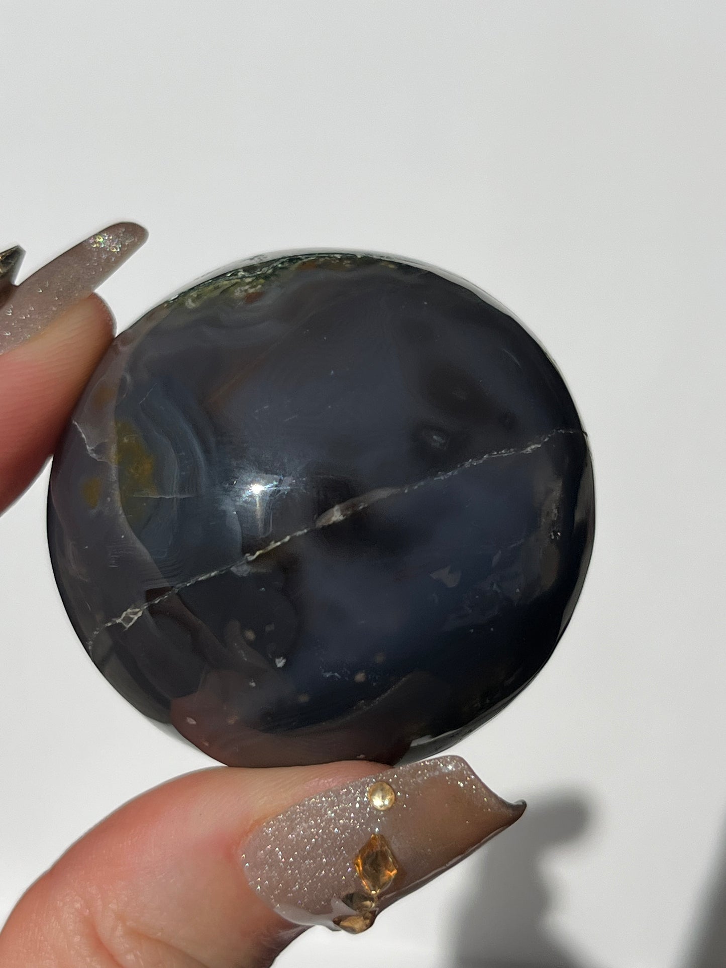 East Indonesian Agate with Green Moss Sphere on Geometric Faceted Crystal Stand B