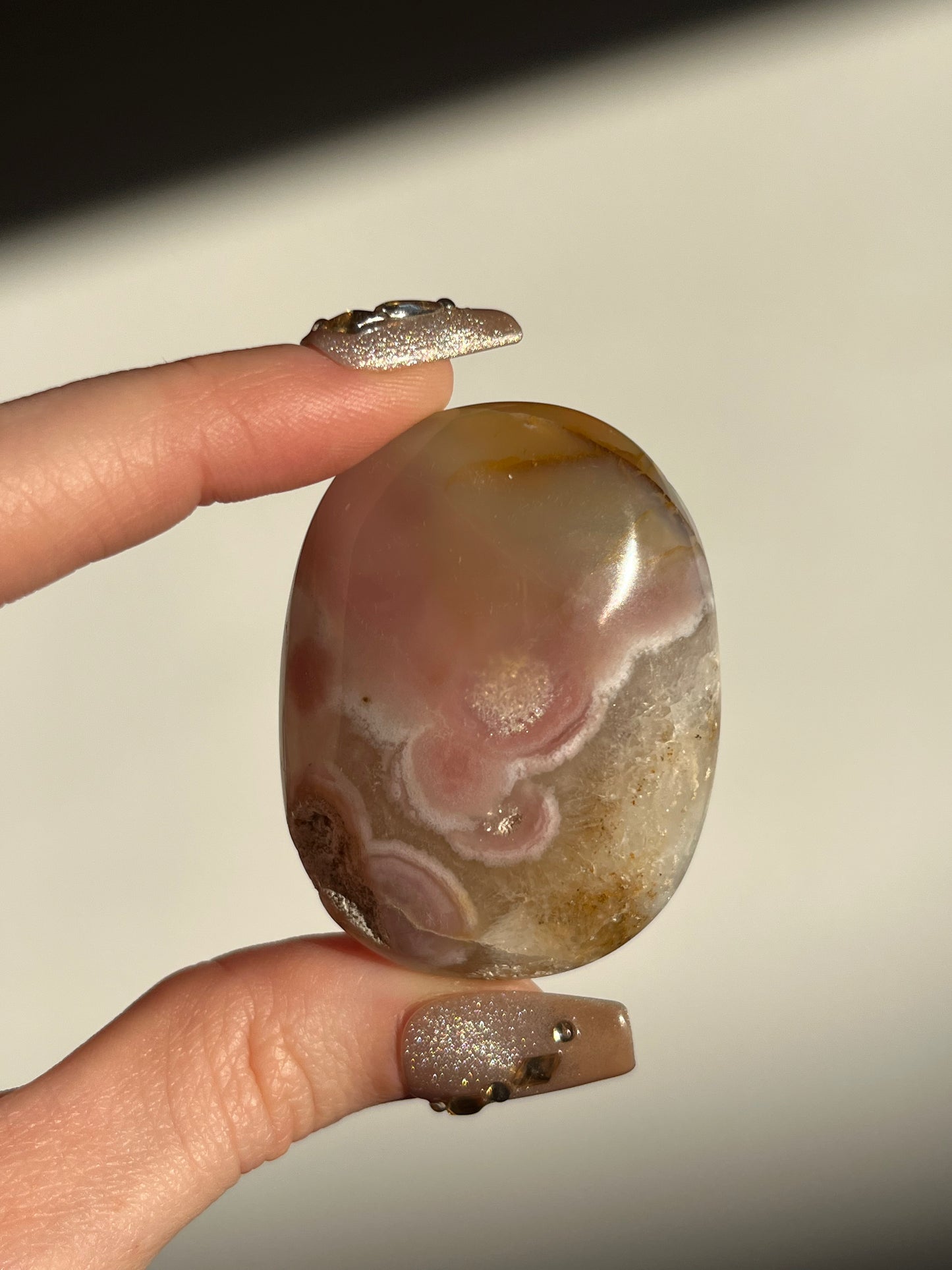 Rare Pink Nebula Agate Palmstone A