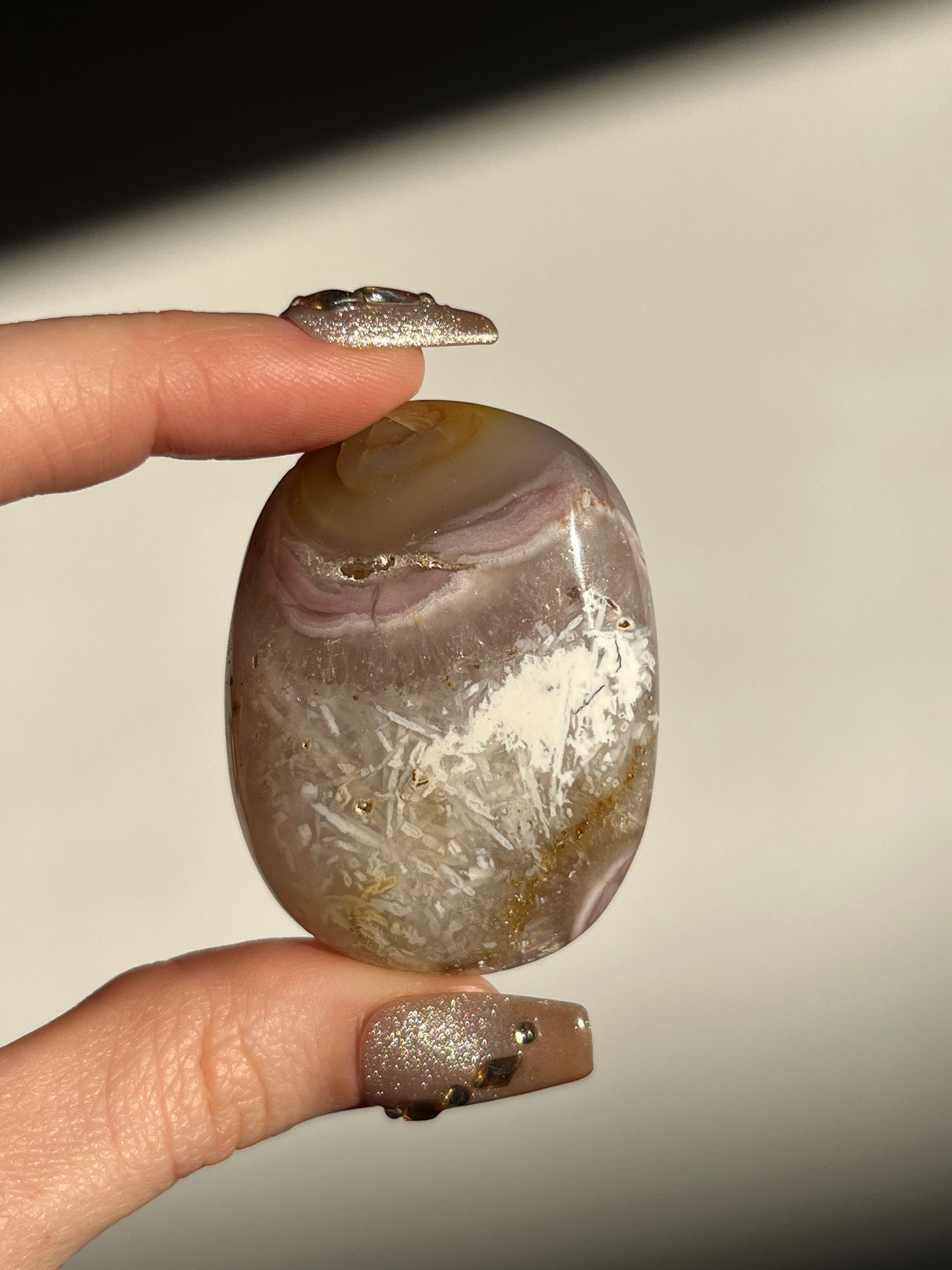 Rare Pink Nebula Agate Palmstone A