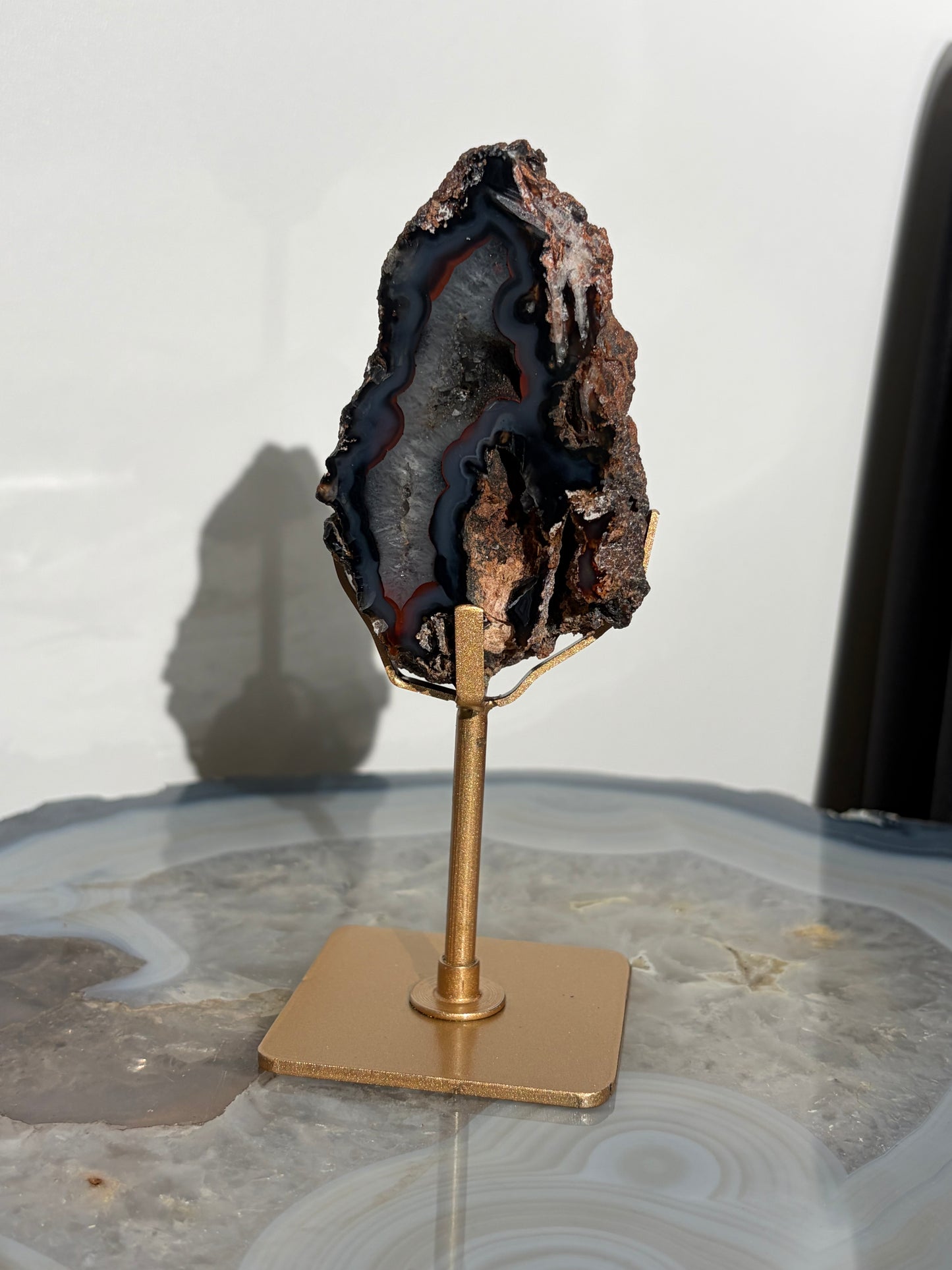 "Sylven" Blue Banded Red Fox Agate with Quartz on Custom Display Stand K