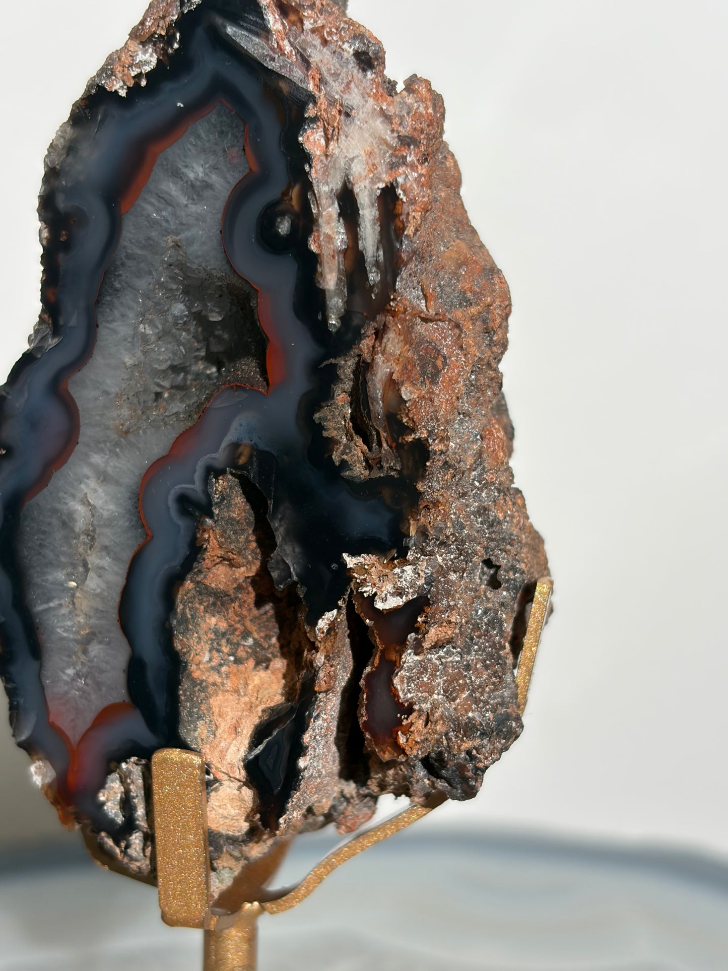 "Sylven" Blue Banded Red Fox Agate with Quartz on Custom Display Stand K