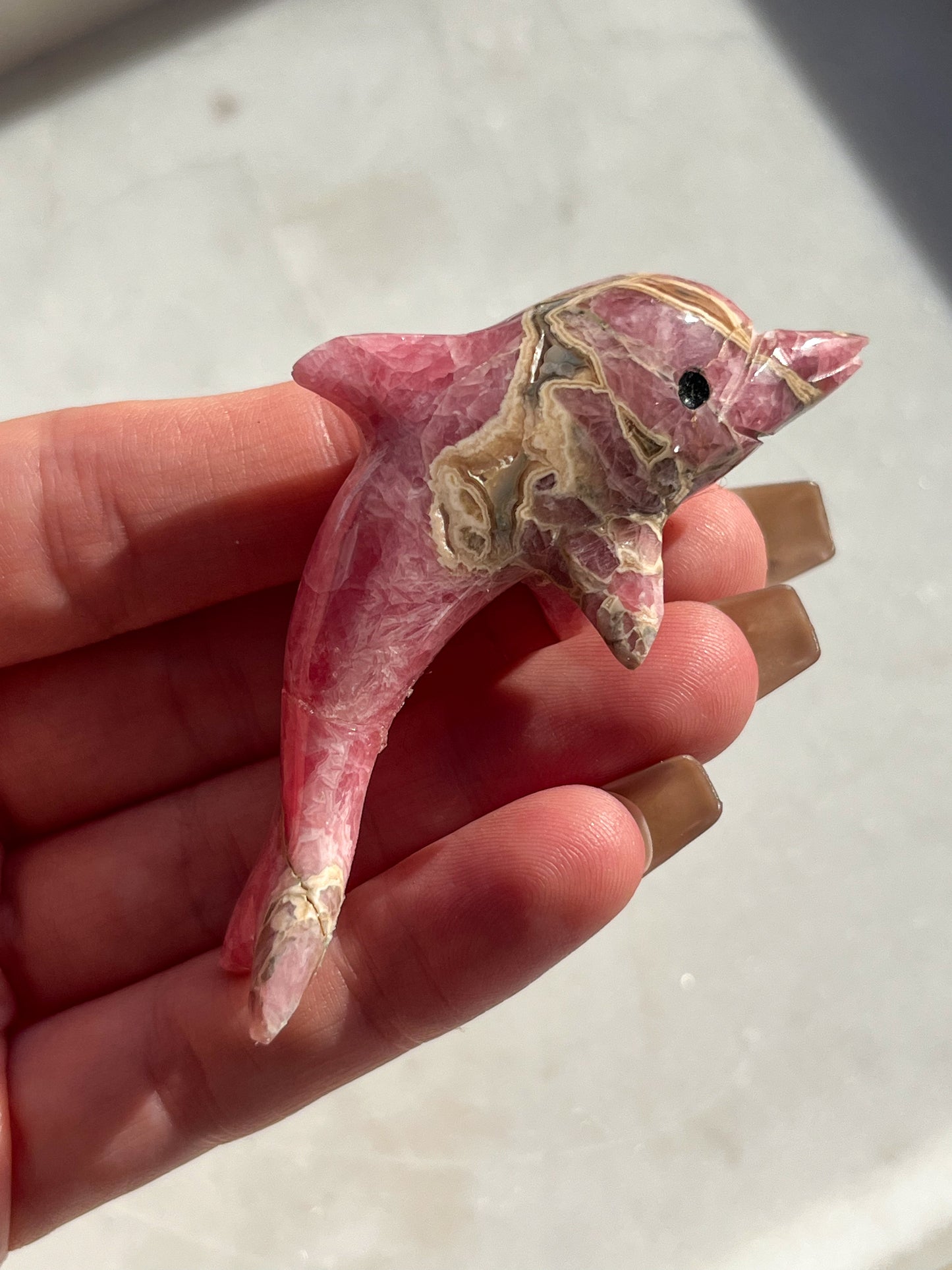 'Poppy' Gemmy Rhodochrosite Dolphin Carving #2 (Repair)