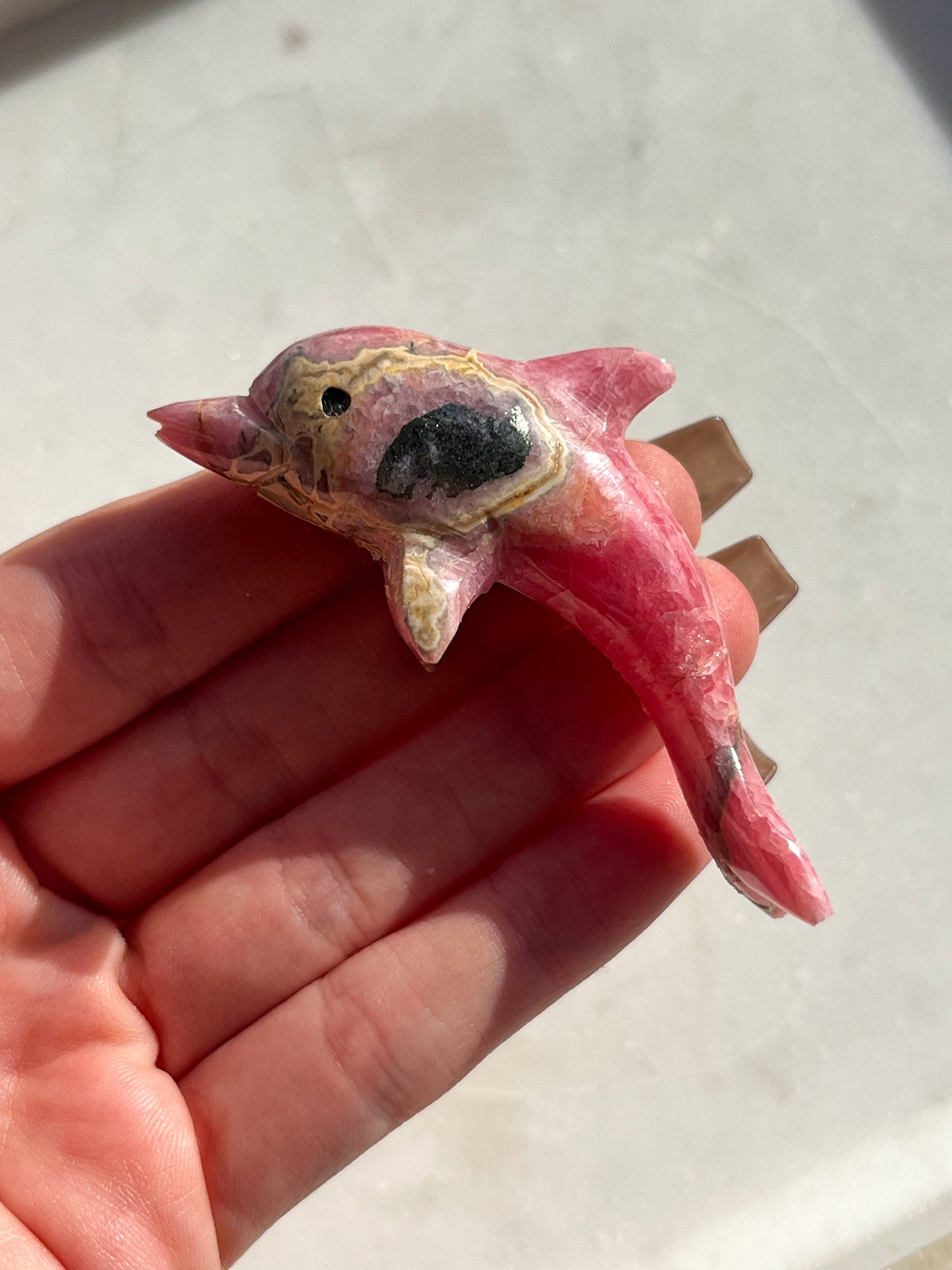 'Poppy' Gemmy Rhodochrosite Dolphin Carving #2 (Repair)