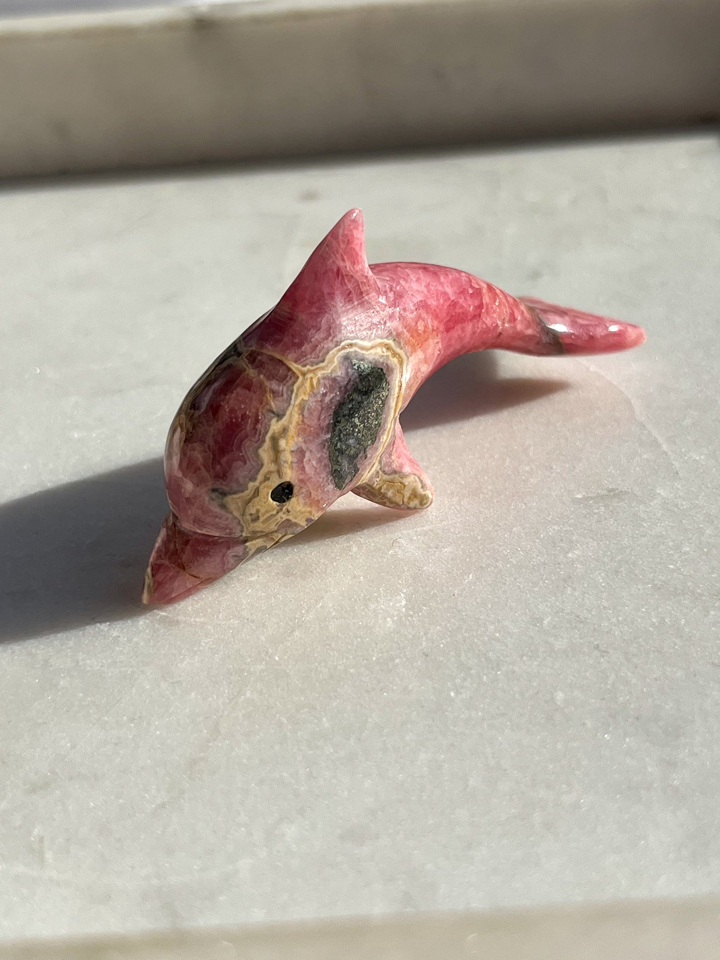 'Poppy' Gemmy Rhodochrosite Dolphin Carving #2 (Repair)