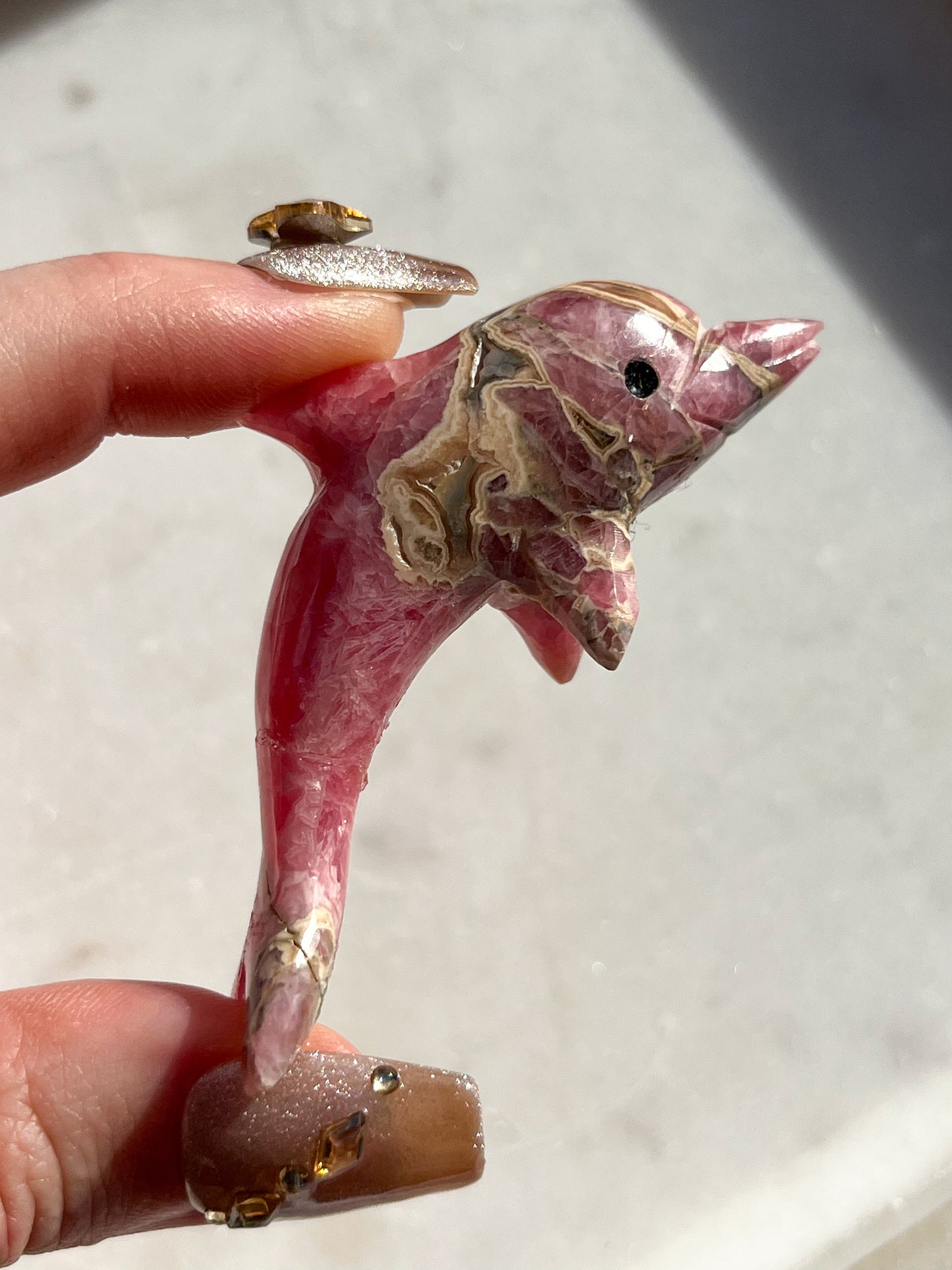 'Poppy' Gemmy Rhodochrosite Dolphin Carving #2 (Repair)