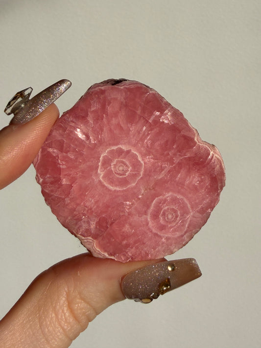 1980s Ortiz Vein Rhodochrosite Double Eye Stalactite Slice E