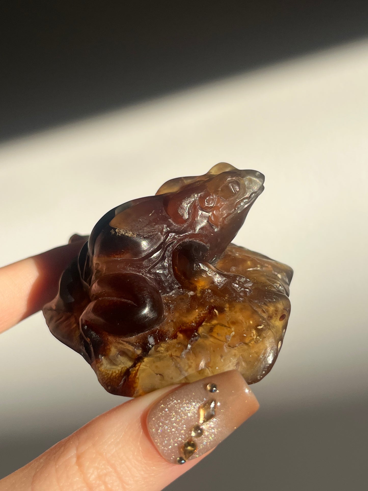 "Katak" Sumatran Amber Frog on Monstera Leaves Carving