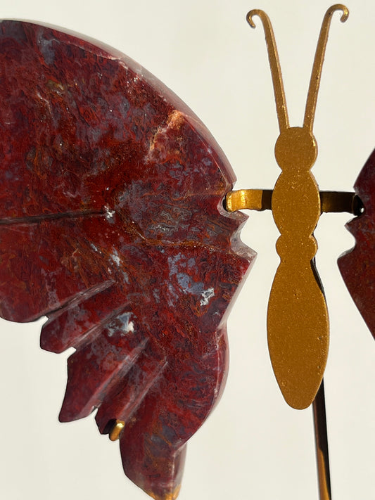 Red Moss in Chalcedony Butterfly Wing set on Stand