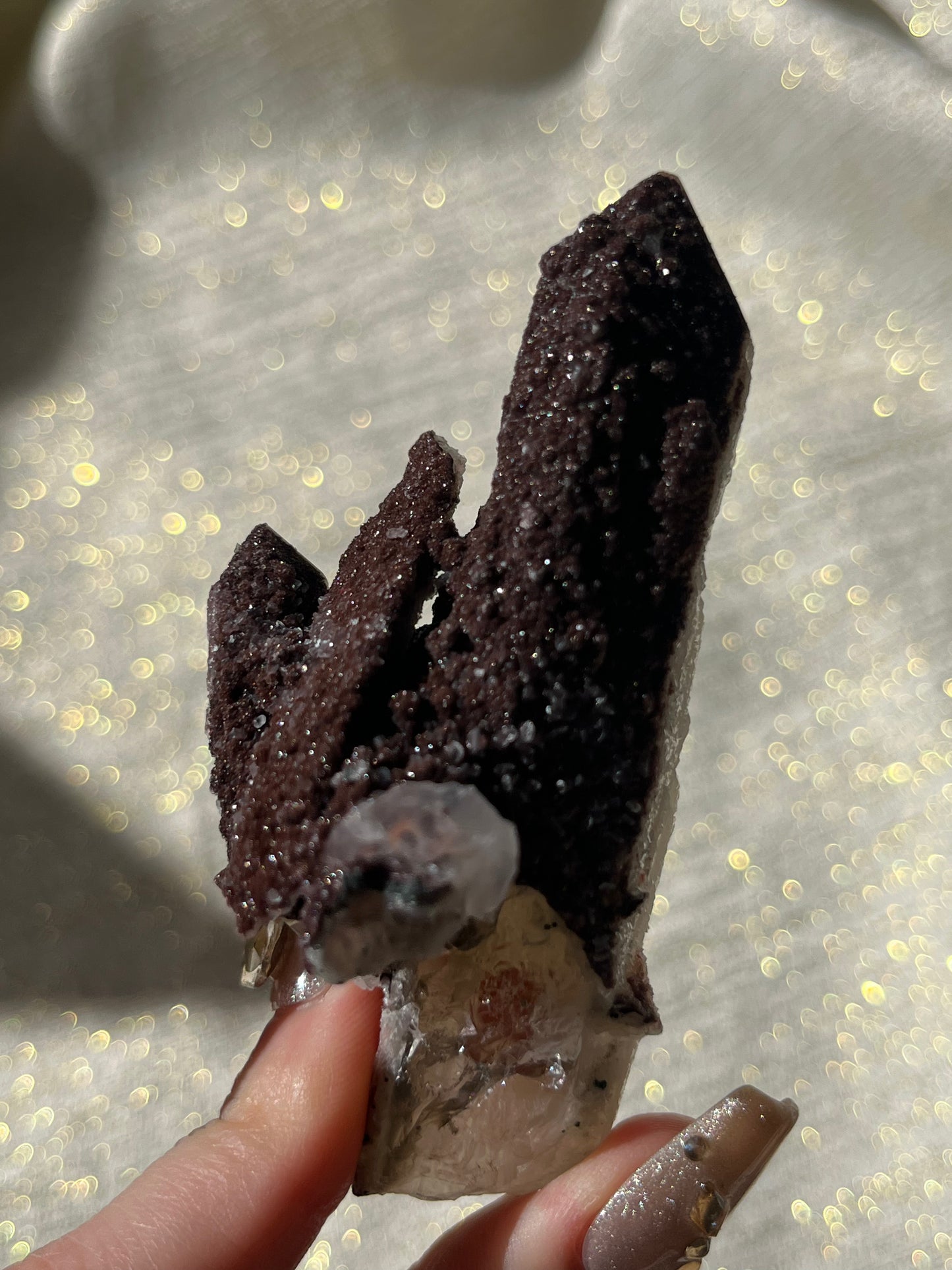 Twilight Plum Elestial Quartz with Sakura Blossom Calcite Specimen D