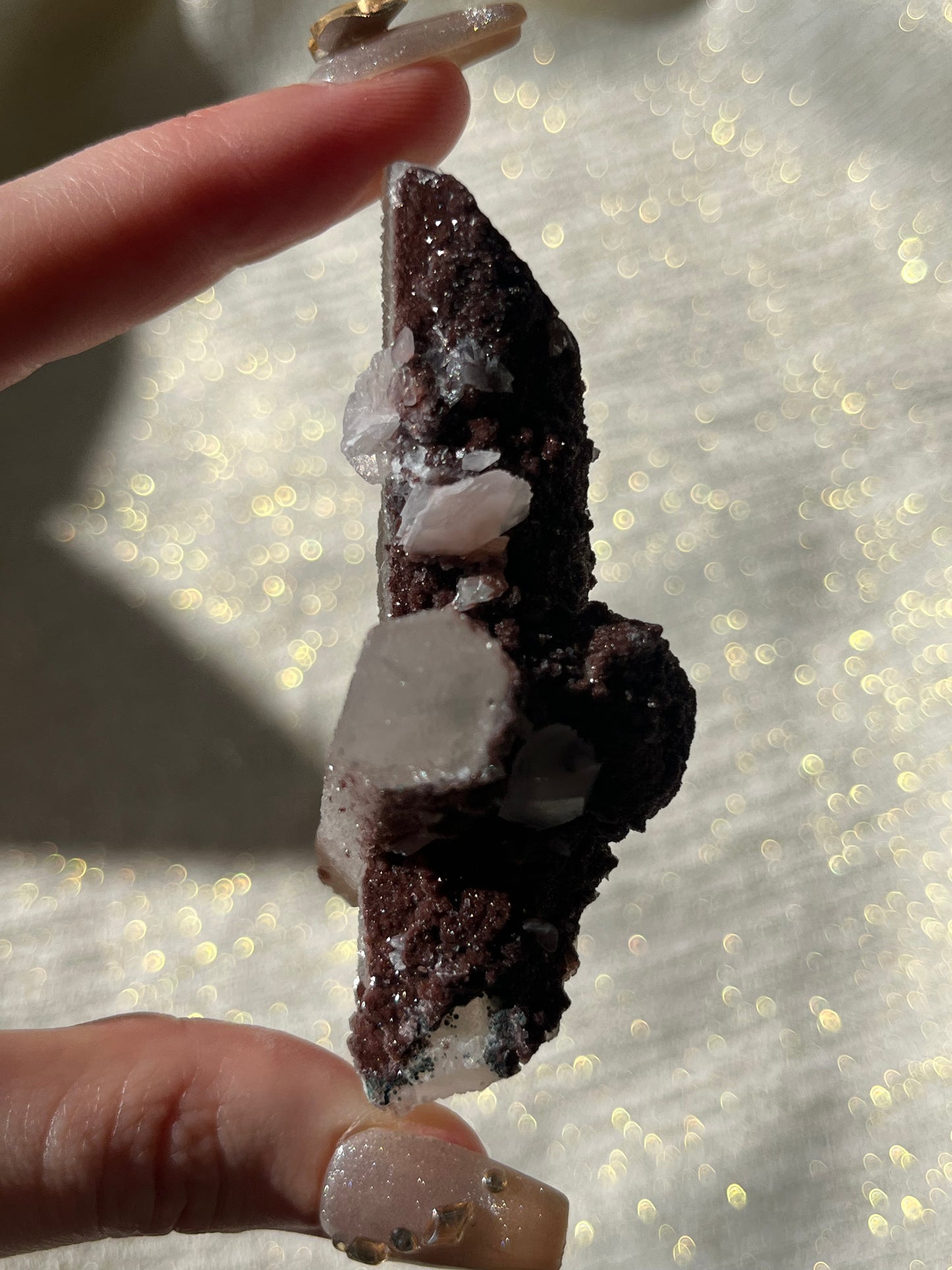 Crucifix Formation Twilight Plum Elestial Quartz with Sakura Blossom Calcite Specimen E