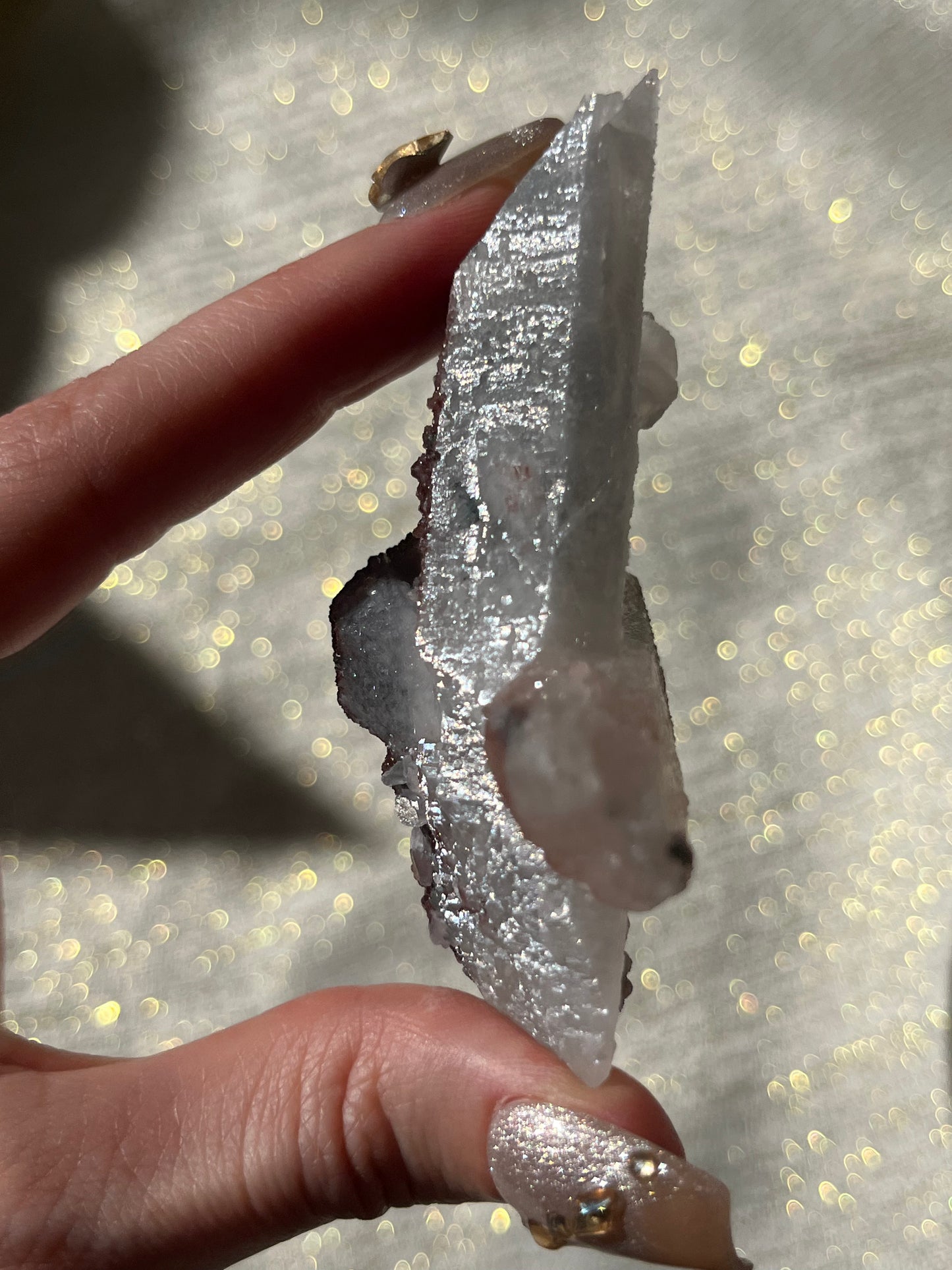 Crucifix Formation Twilight Plum Elestial Quartz with Sakura Blossom Calcite Specimen E