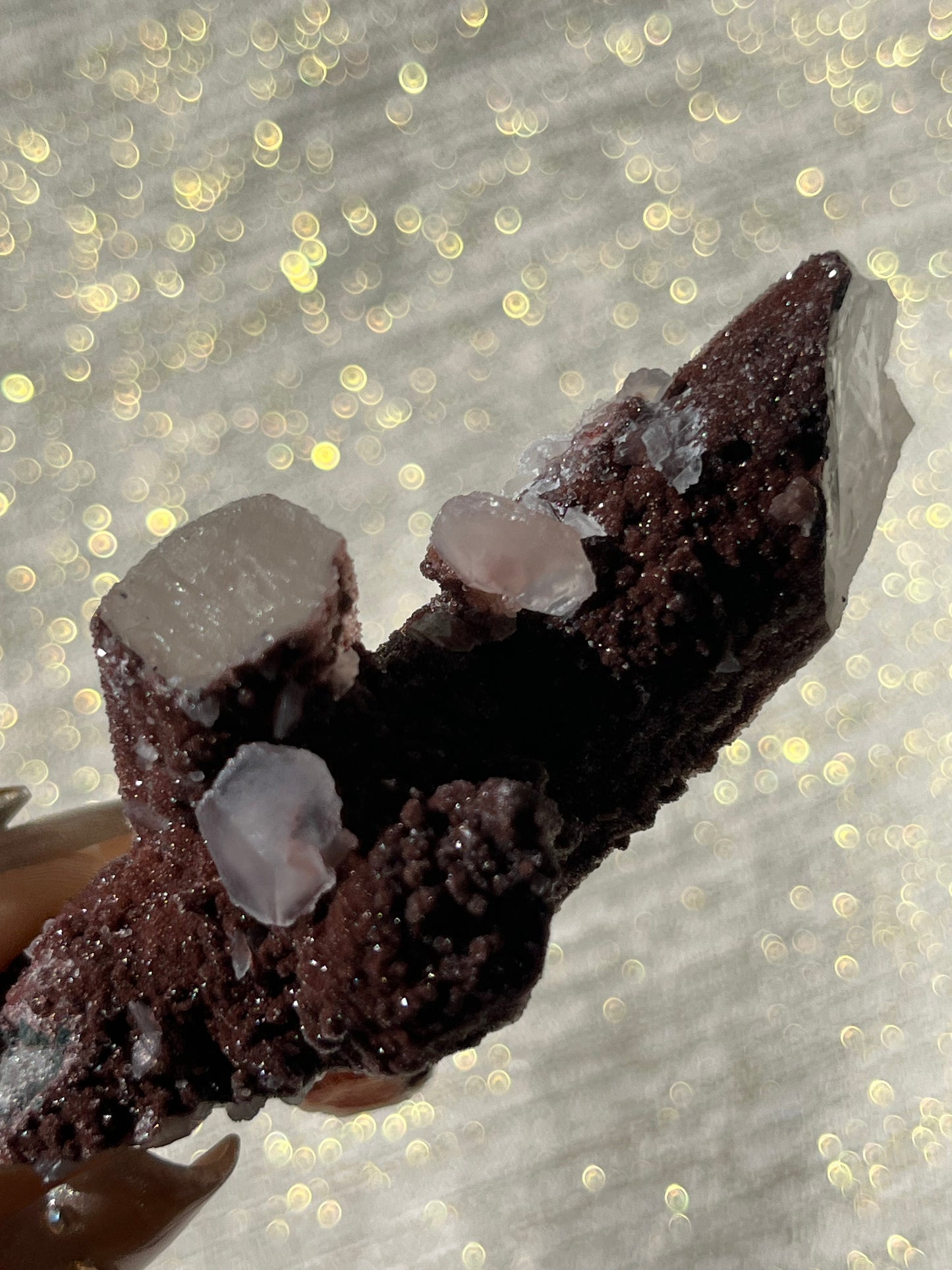 Crucifix Formation Twilight Plum Elestial Quartz with Sakura Blossom Calcite Specimen E