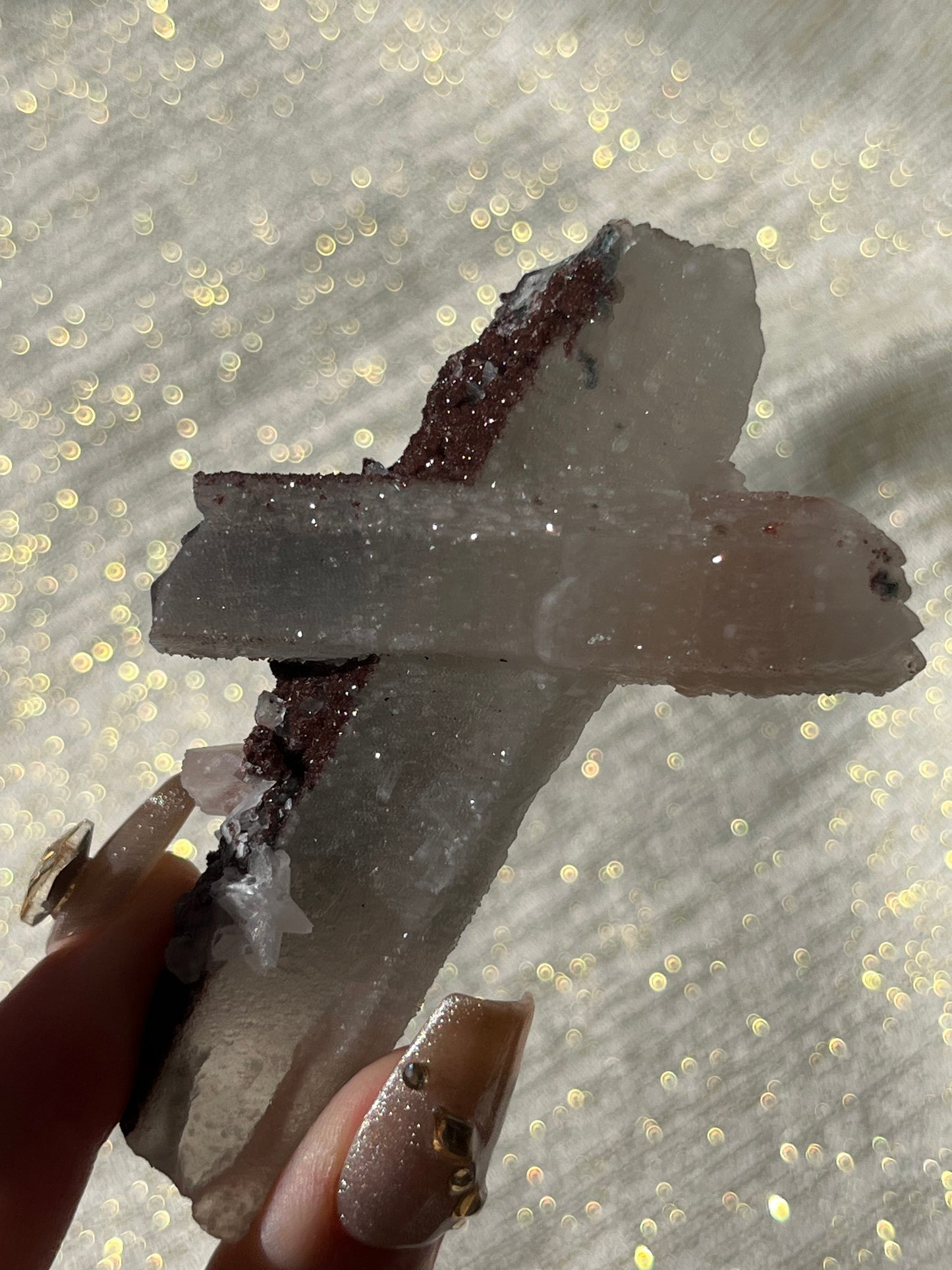 Crucifix Formation Twilight Plum Elestial Quartz with Sakura Blossom Calcite Specimen E