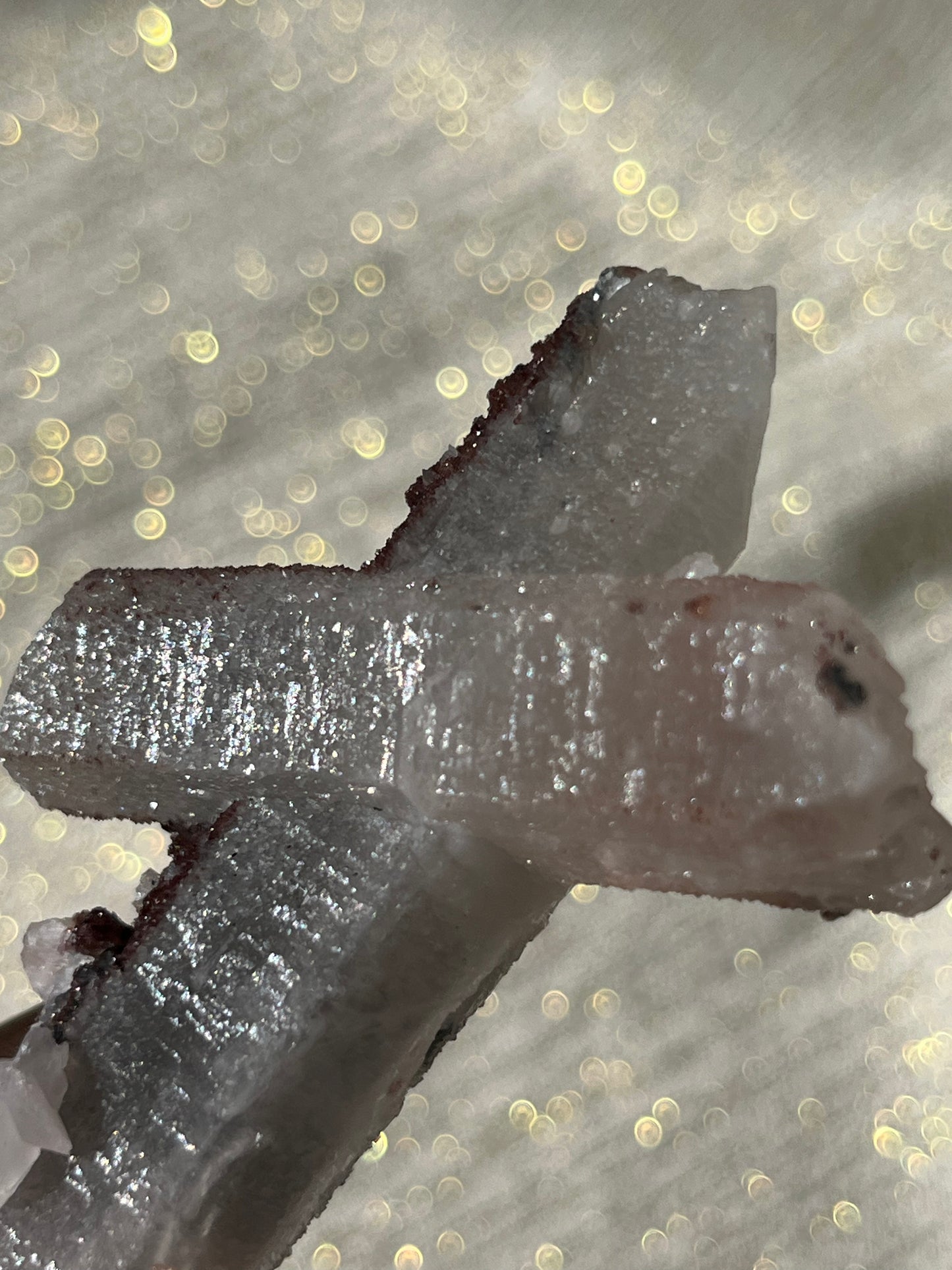 Crucifix Formation Twilight Plum Elestial Quartz with Sakura Blossom Calcite Specimen E