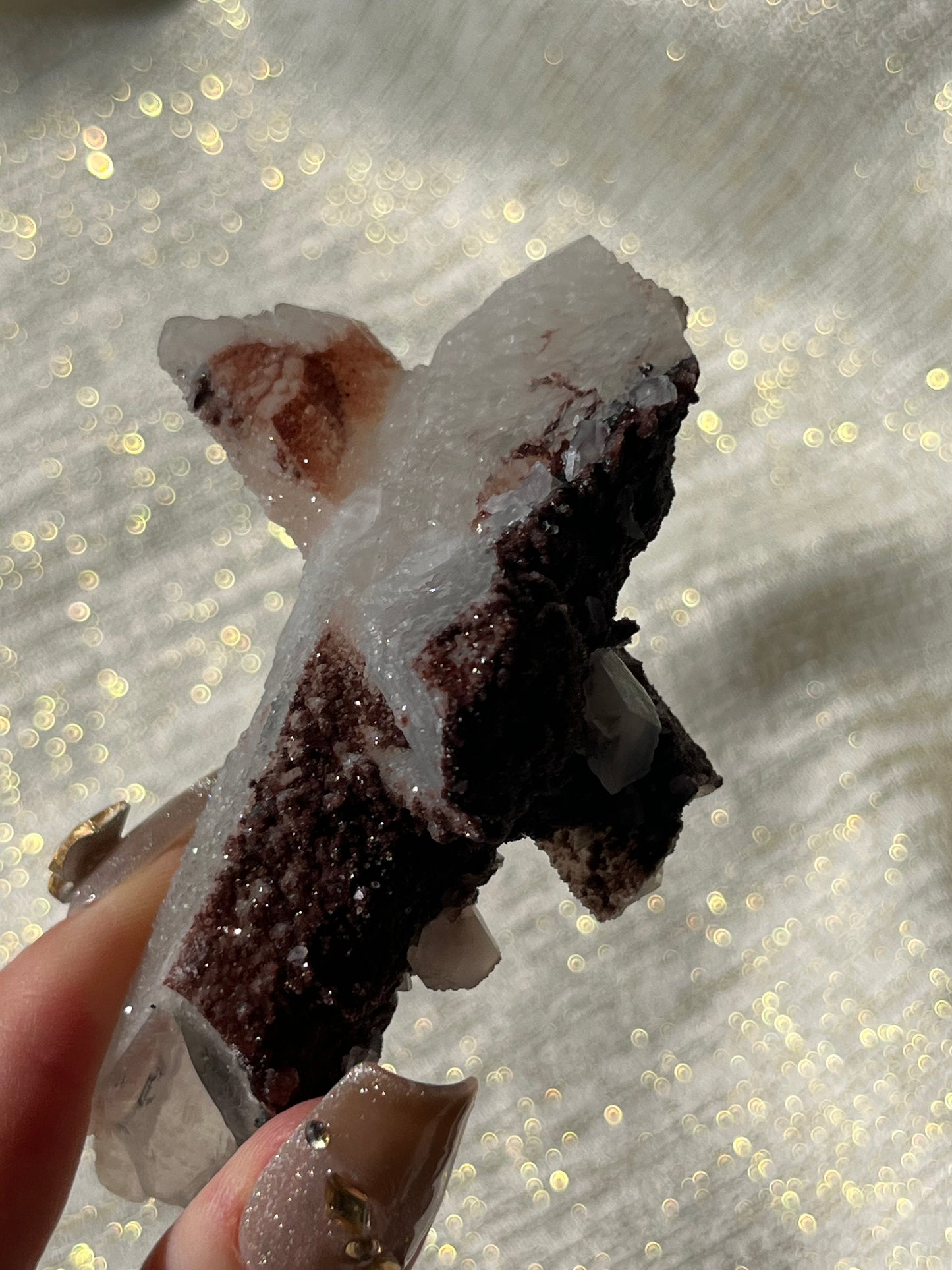 Crucifix Formation Twilight Plum Elestial Quartz with Sakura Blossom Calcite Specimen E