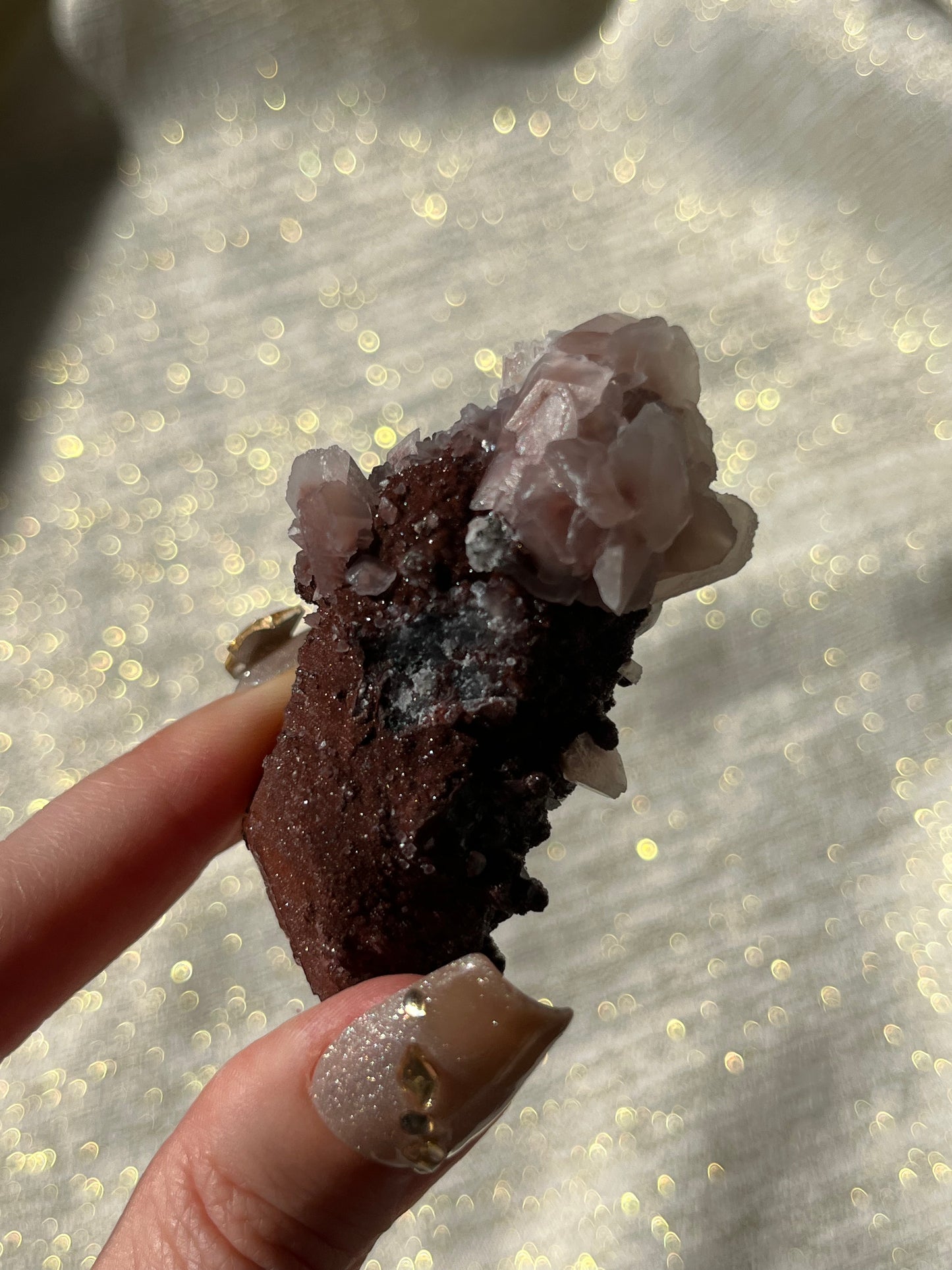 Twilight Plum Quartz with Sakura Blossom Calcite Specimen F
