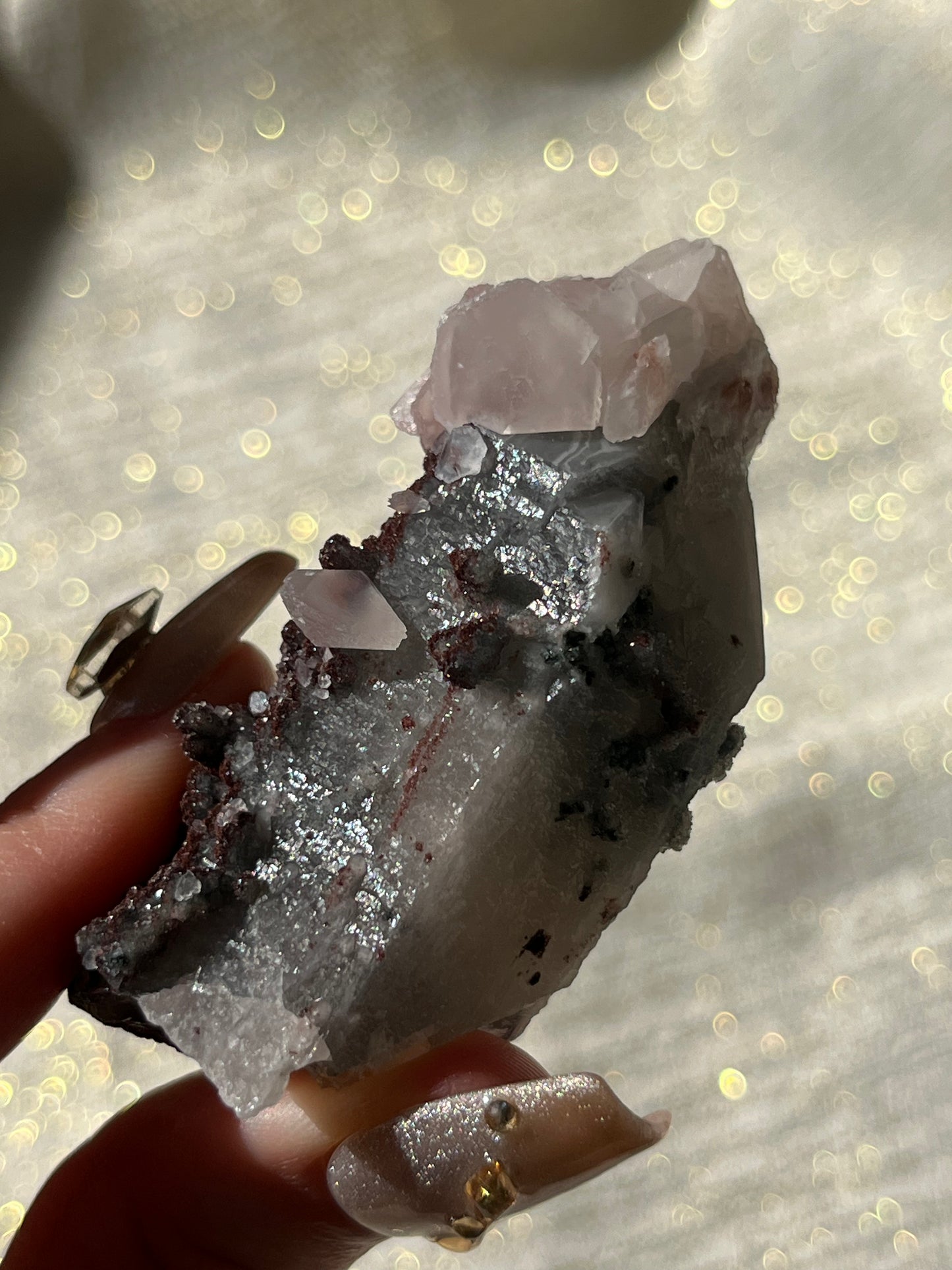 Twilight Plum Quartz with Sakura Blossom Calcite Specimen F