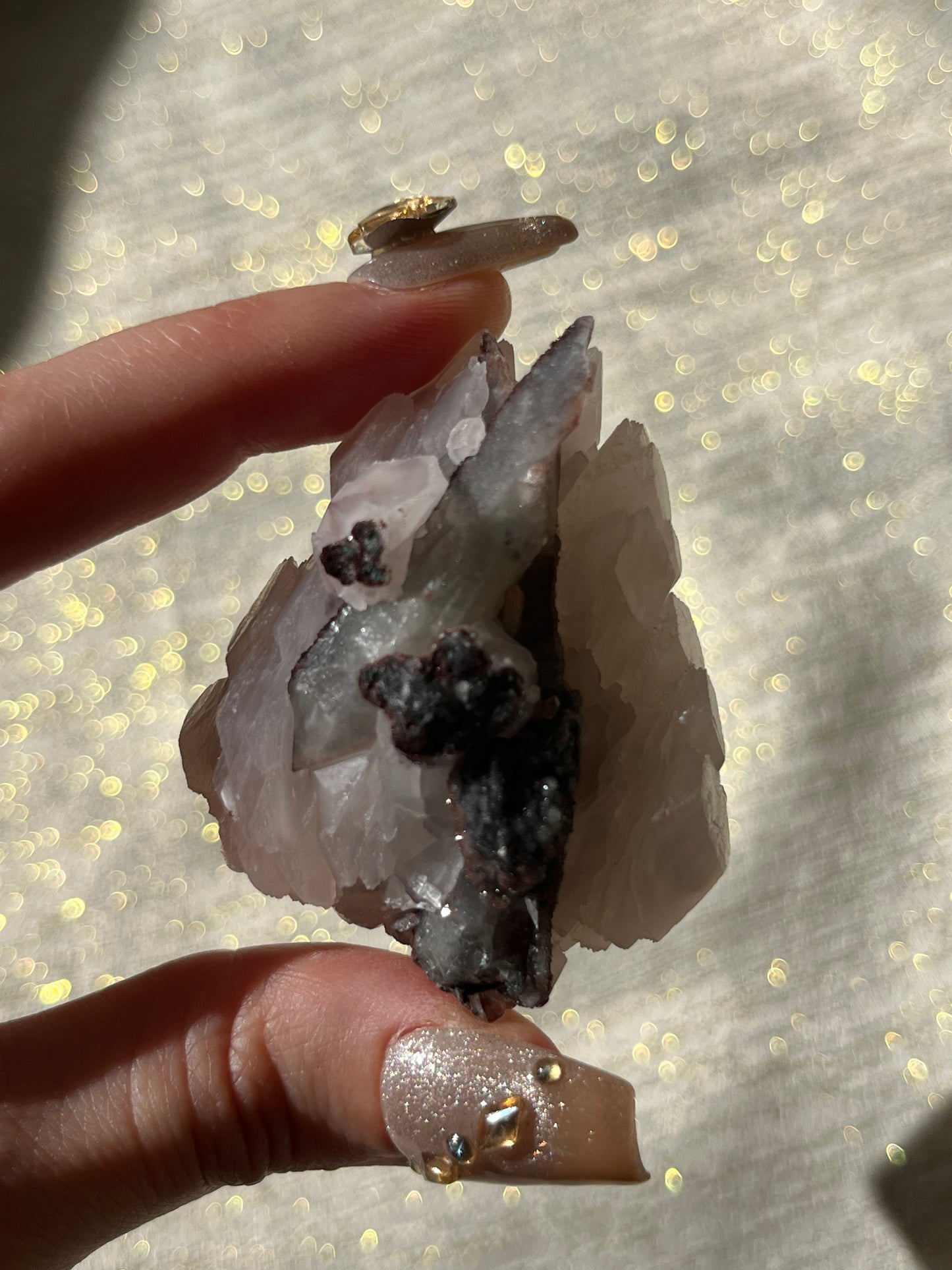 Twilight Plum Quartz with Sakura Blossom Calcite Specimen H