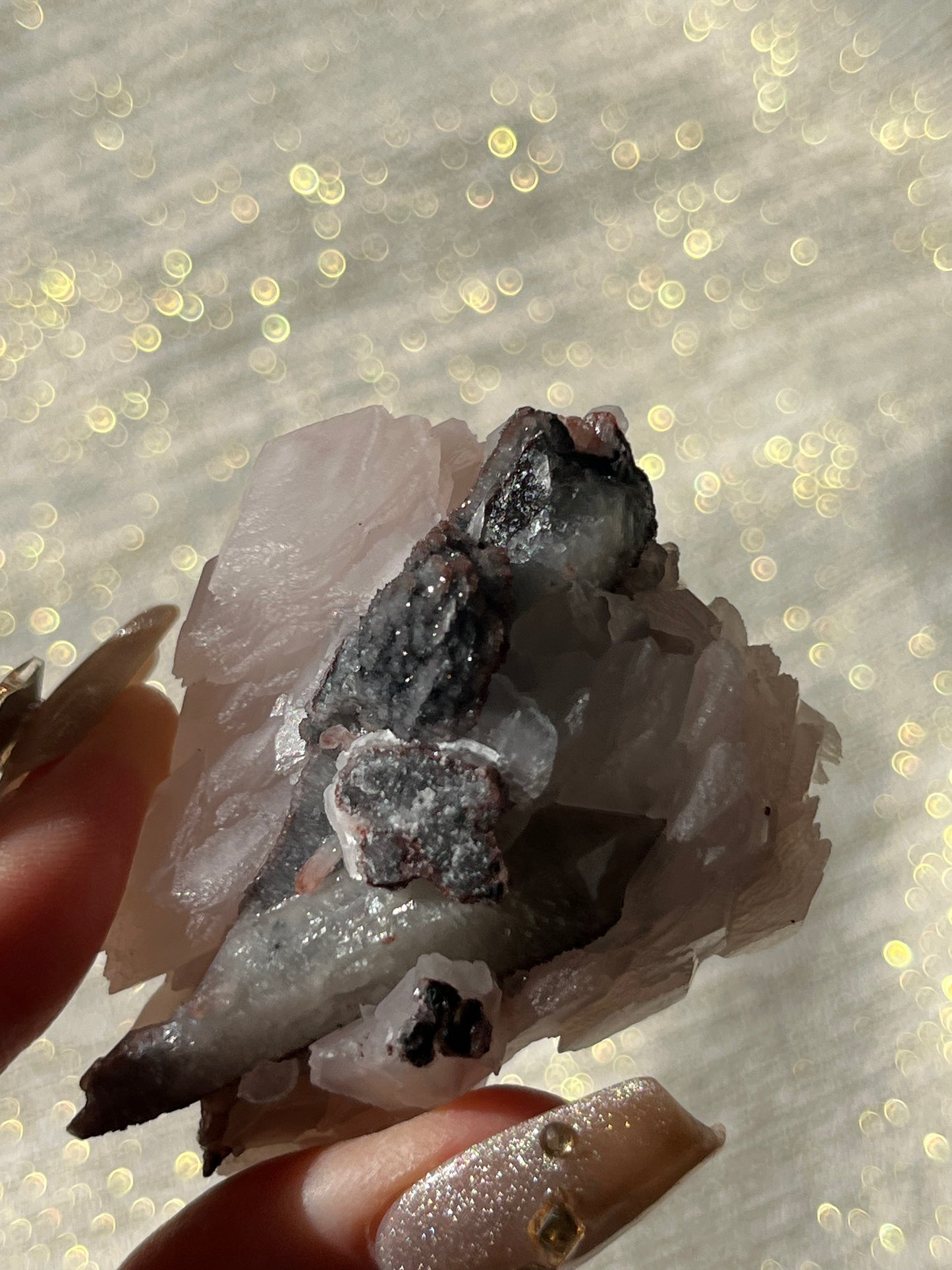 Twilight Plum Quartz with Sakura Blossom Calcite Specimen H