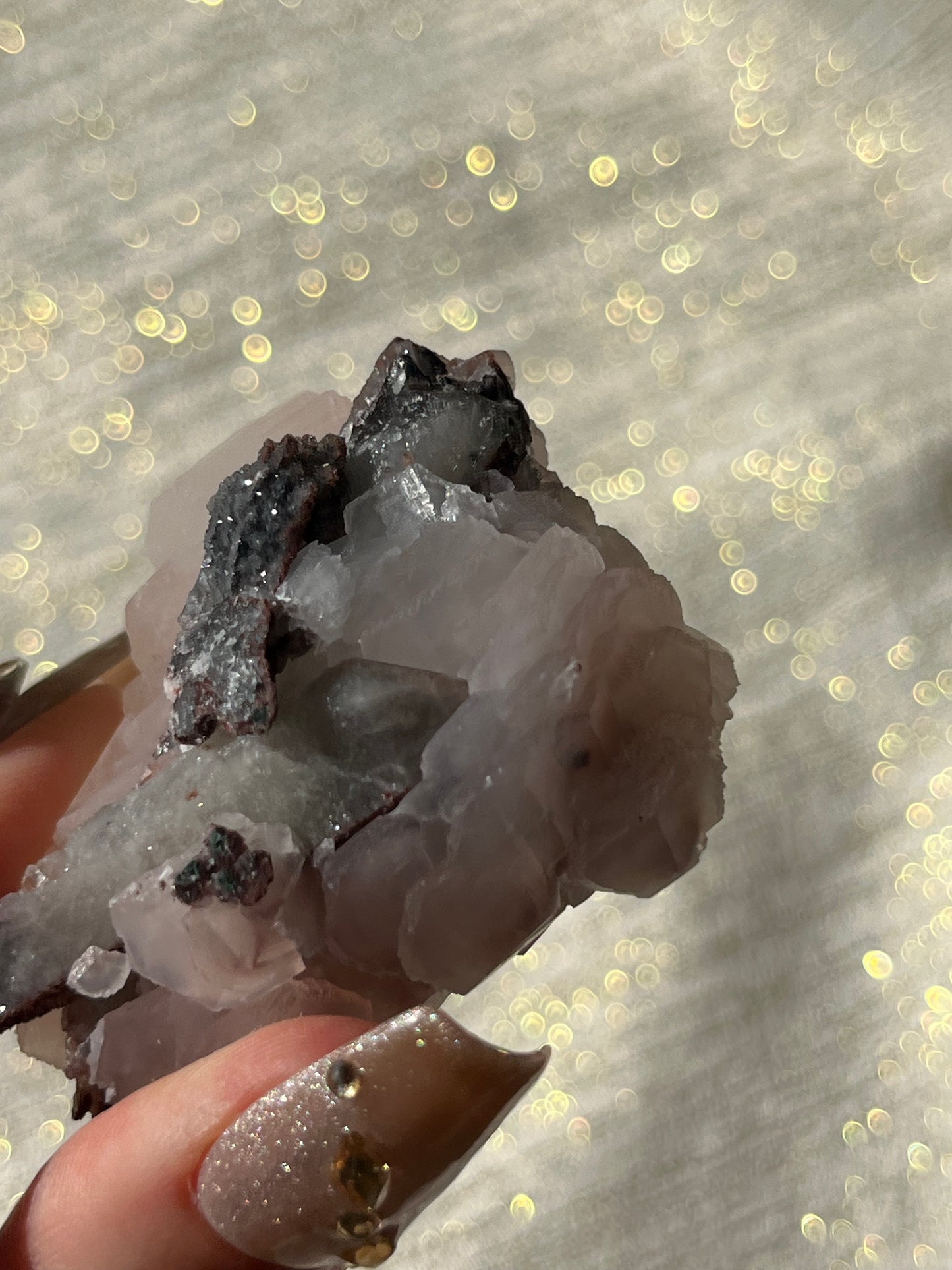 Twilight Plum Quartz with Sakura Blossom Calcite Specimen H