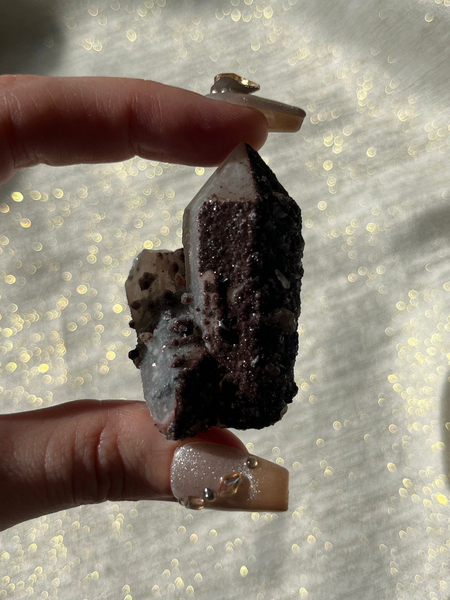 Twilight Plum Quartz with Sakura Blossom Calcite Specimen J