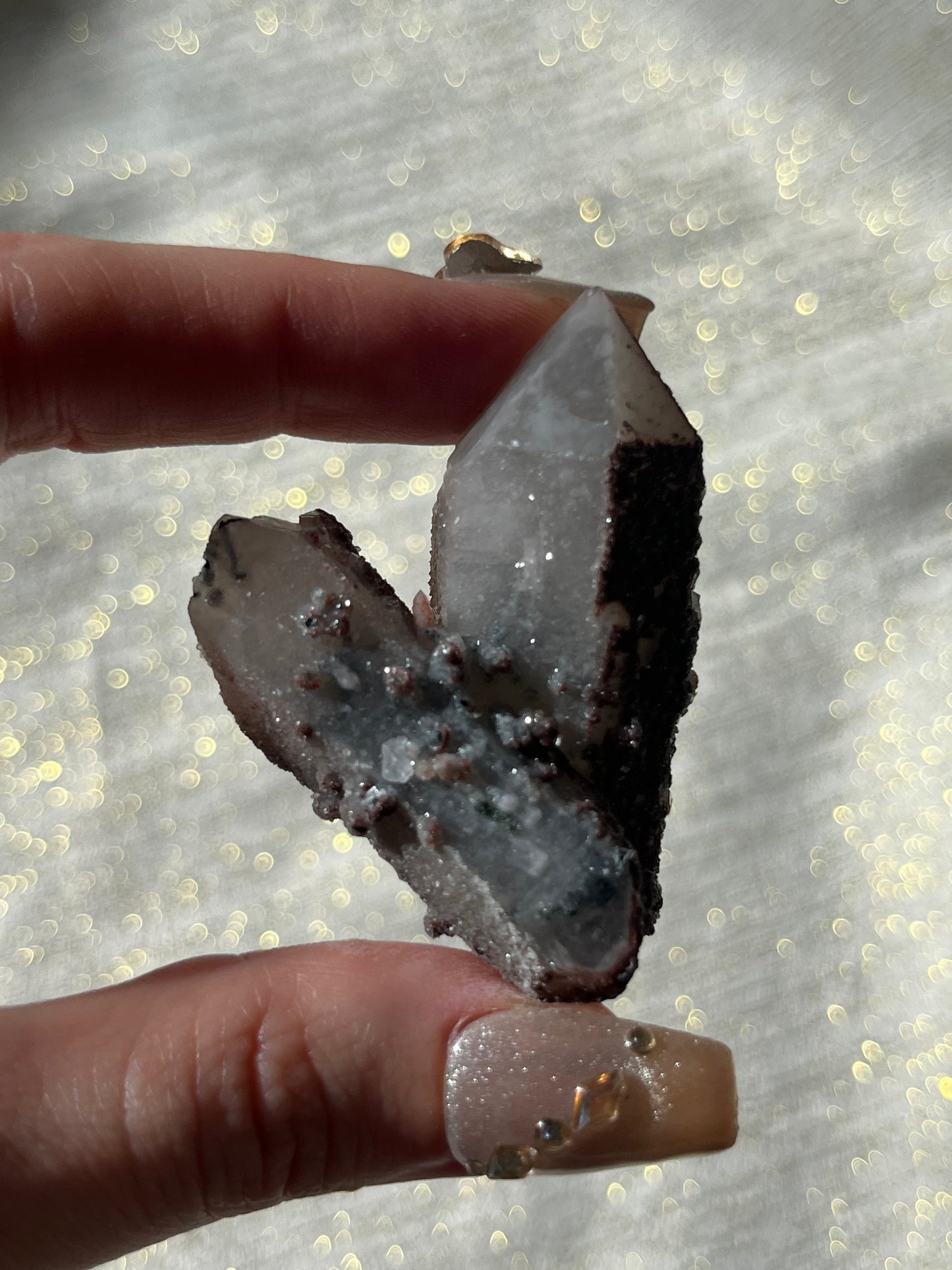Twilight Plum Quartz with Sakura Blossom Calcite Specimen J