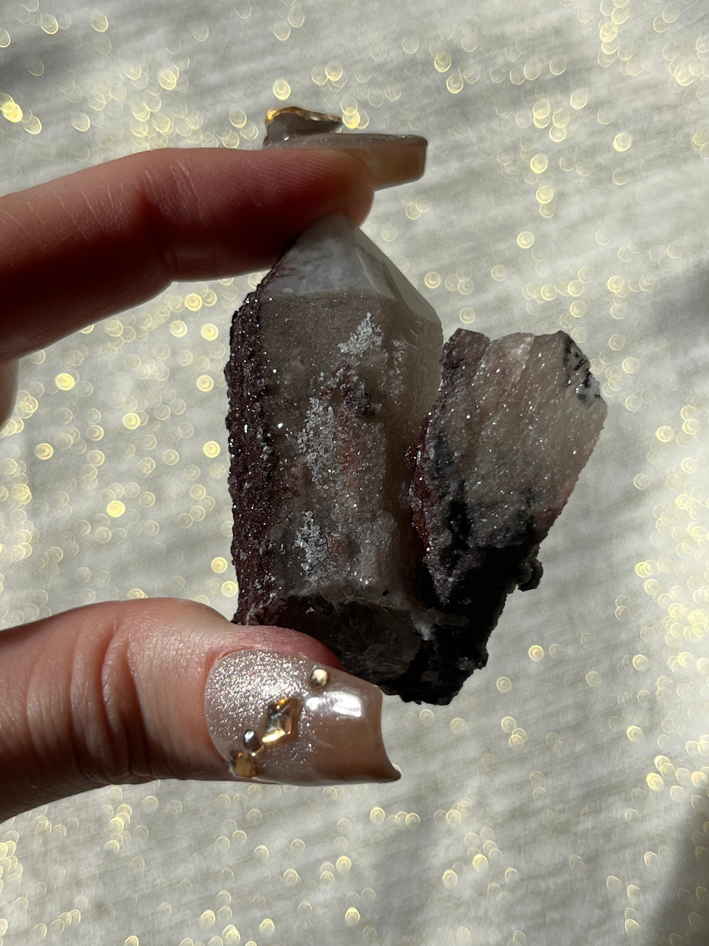 Twilight Plum Quartz with Sakura Blossom Calcite Specimen J