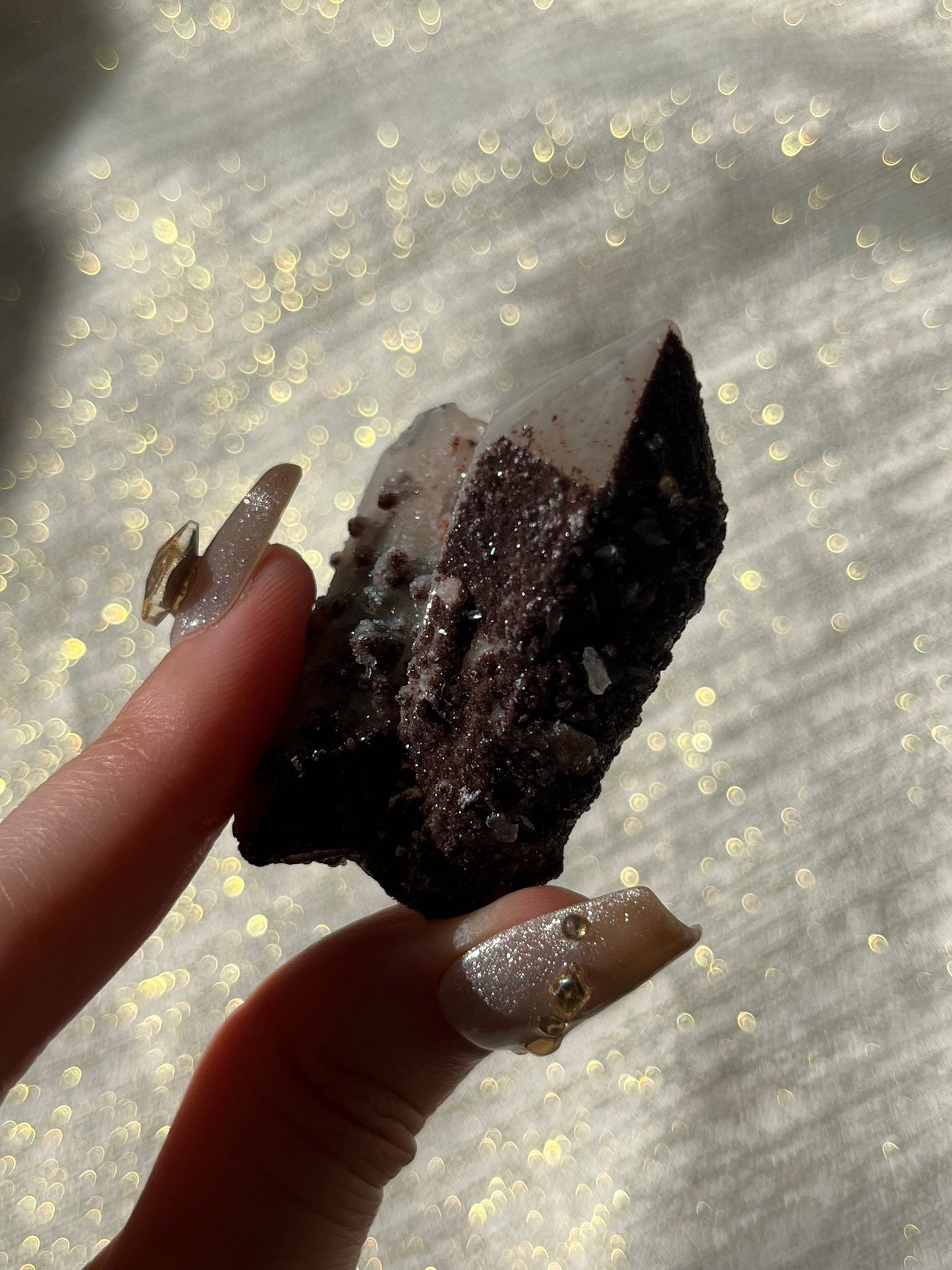 Twilight Plum Quartz with Sakura Blossom Calcite Specimen J