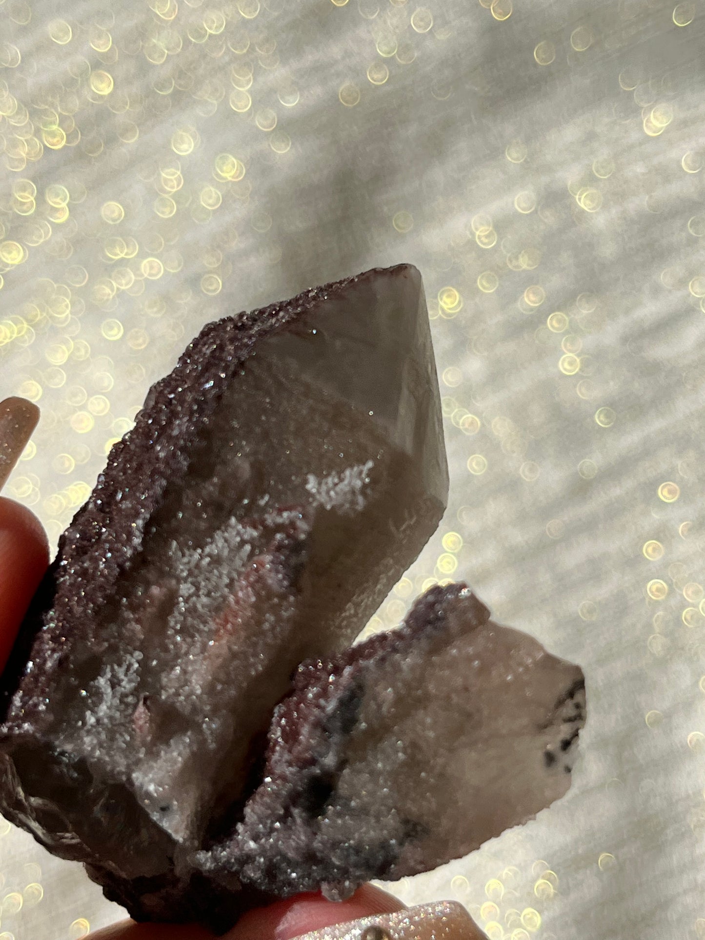 Twilight Plum Quartz with Sakura Blossom Calcite Specimen J