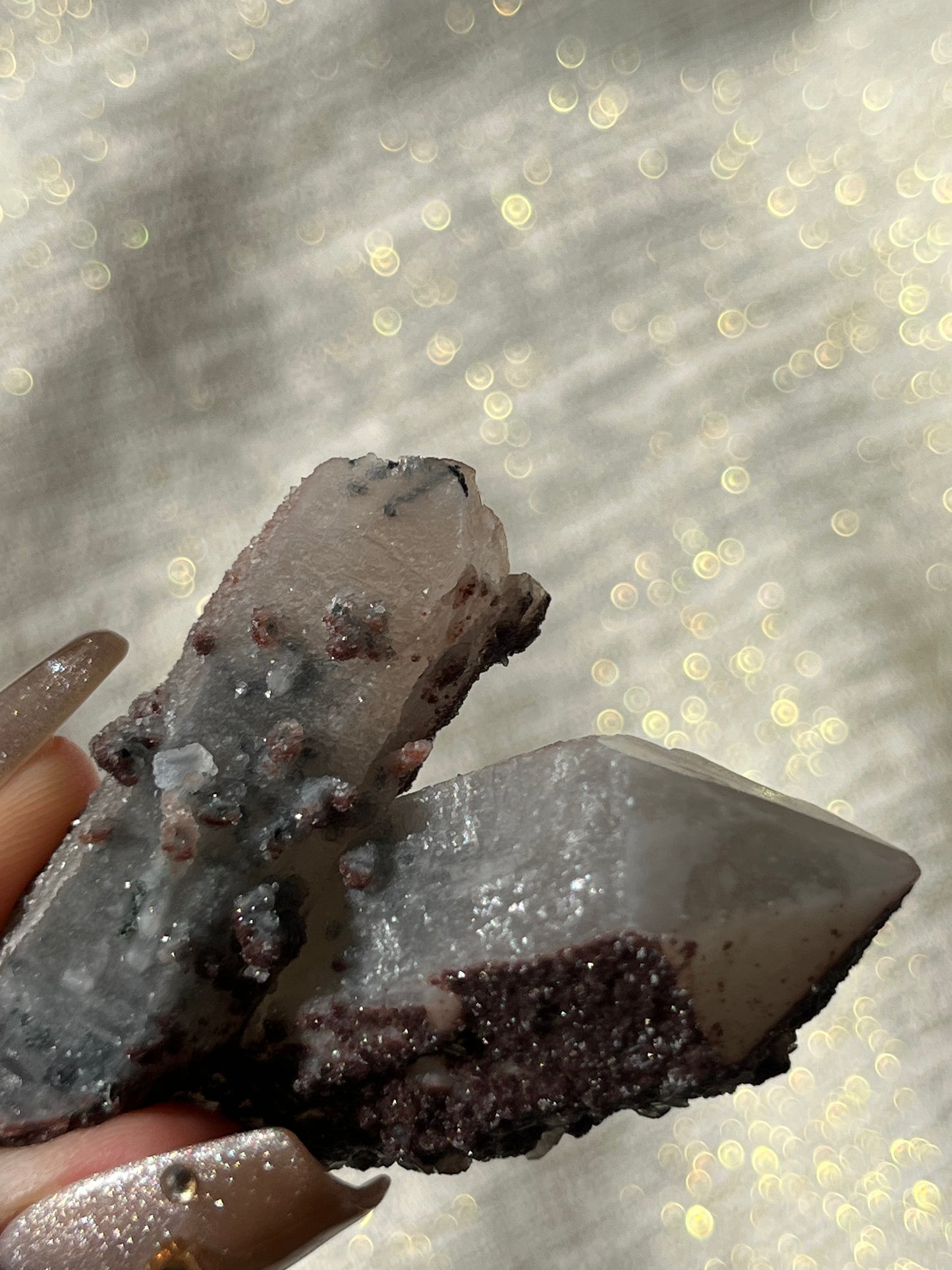 Twilight Plum Quartz with Sakura Blossom Calcite Specimen J