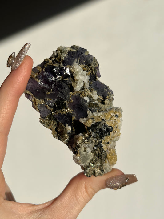 Violet Yindu Fluorite with Pyrite, Muscovite and Calcite Specimen A