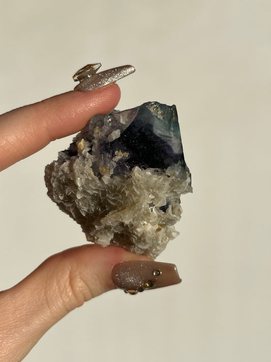 Violet-Green Yindu Fluorite with Muscovite and Calcite Specimen D