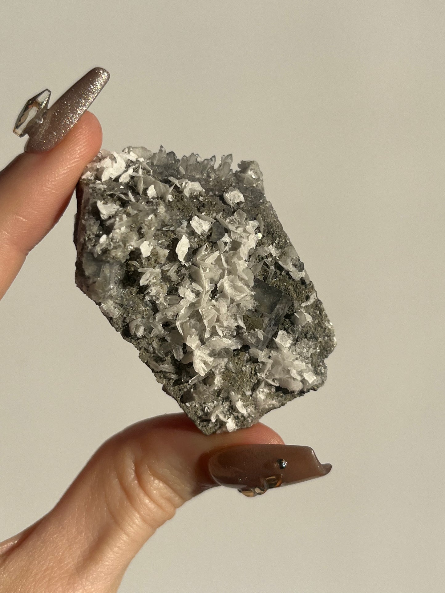 Yaogangxian Purple Phantom Clear Fluorite Specimen with Calcite and Quartz on Matrix G
