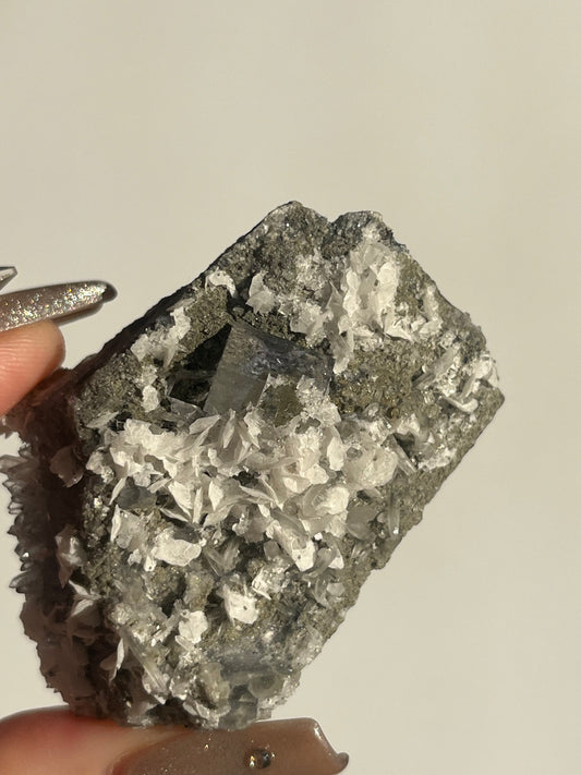 Yaogangxian Purple Phantom Clear Fluorite Specimen with Calcite and Quartz on Matrix G