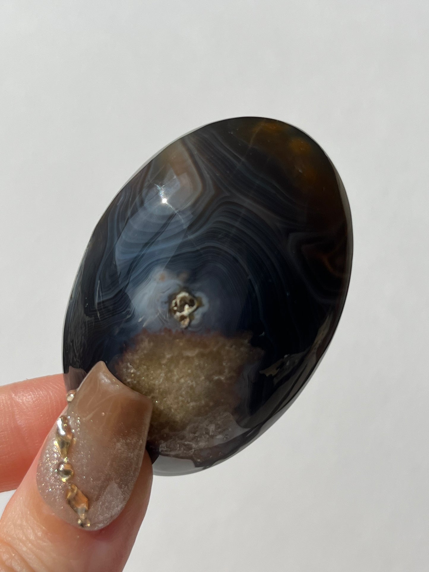 Yellow and Blue Banded Agate Palmstone with Parallax Effect B