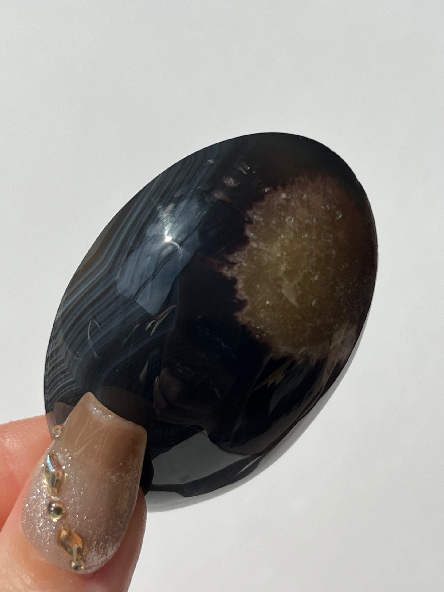 Yellow and Blue Banded Agate Palmstone with Parallax Effect C