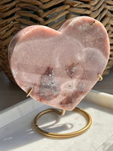 Load image into Gallery viewer, Deep Pink Amethyst Heart w/Raw Back Carving on Gold Metal Stand
