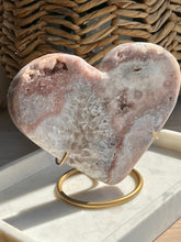 Load image into Gallery viewer, XL Druzy Pink Amethyst w/Quartz Heart Carving on Gold Metal Stand
