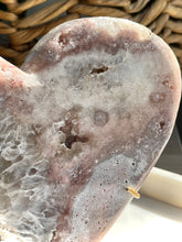 Load image into Gallery viewer, XL Druzy Pink Amethyst w/Quartz Heart Carving on Gold Metal Stand
