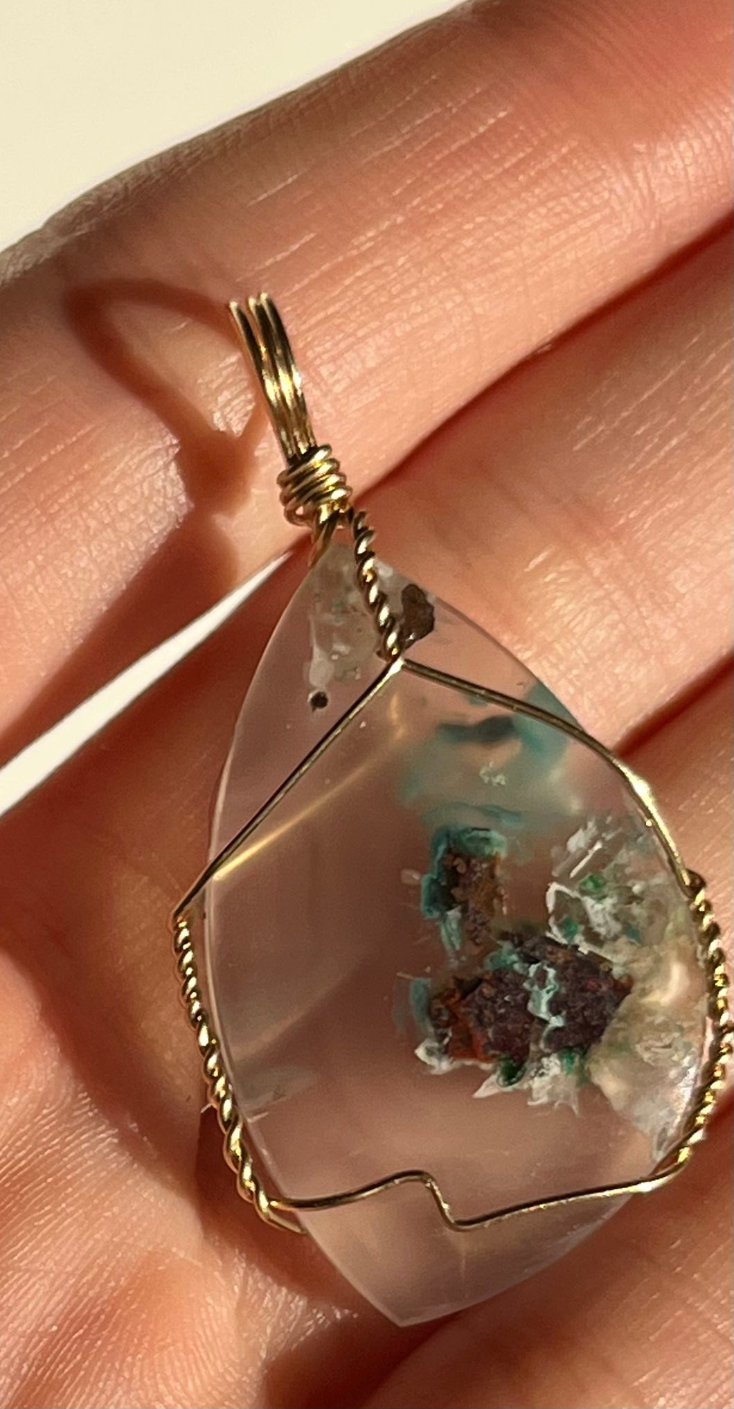 Native Copper & Chrysocolla in Chalcedony Wire Wrap Pendant (14kt Gold Filled) #A