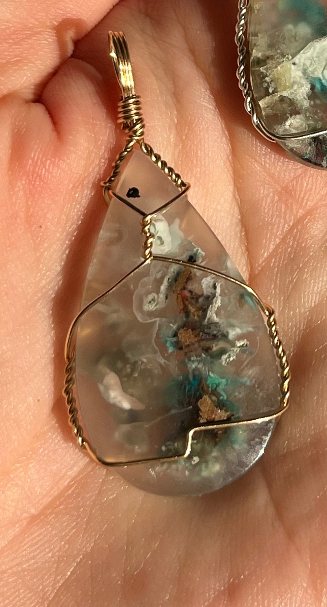Native Copper & Chrysocolla in Chalcedony Wire Wrap Pendant (14kt Gold Filled) #B
