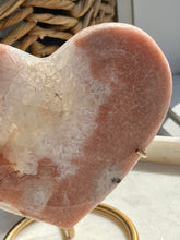 Load image into Gallery viewer, Pink Amethyst w/Quartz Heart Carving on Gold Metal Stand
