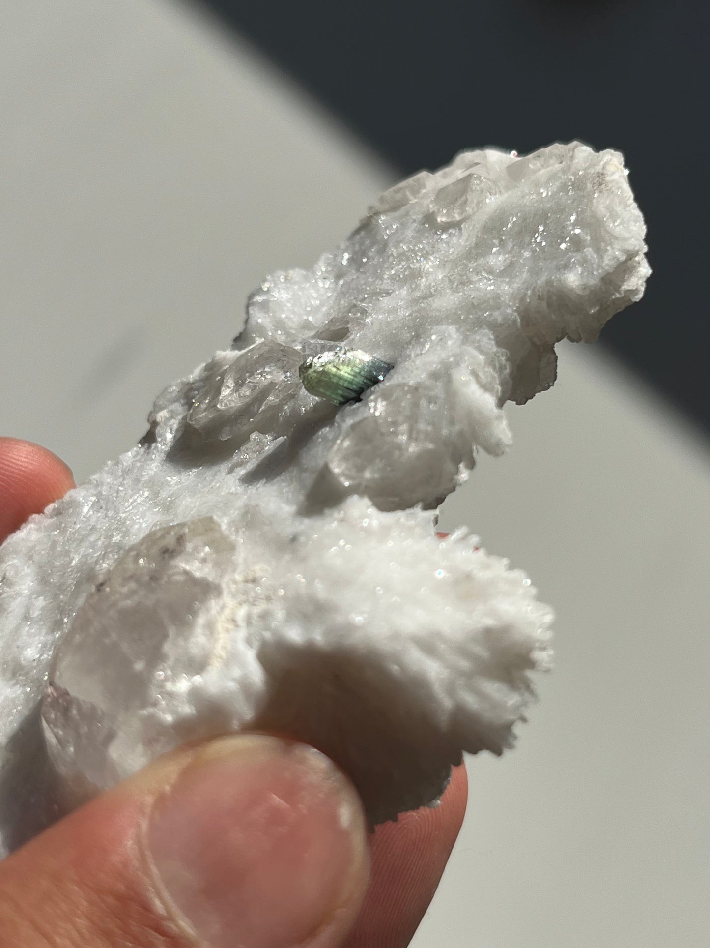 Rare Clear Terminated Topaz in Albite Specimen with Quartz & Green Bicolour Tourmaline #B