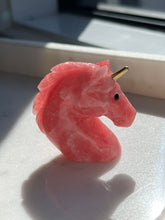 Load image into Gallery viewer, ‘Siren’ One-of-a-Kind Gemmy Rhodochrosite Unicorn Carving w/Brass Horn
