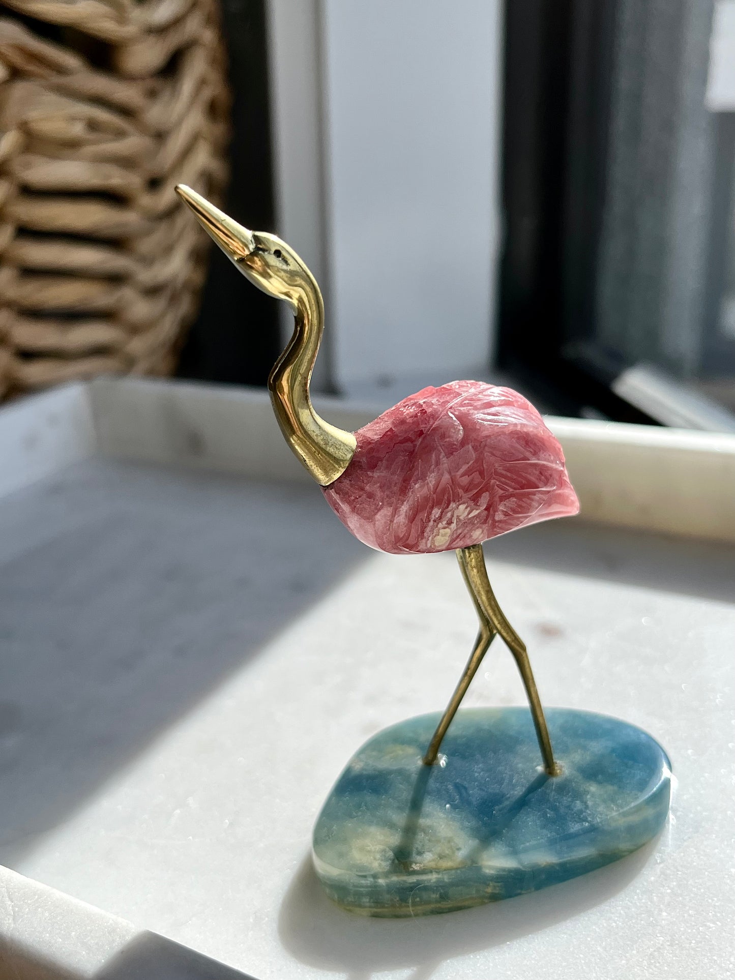 ‘Emmilene’ Rhodochrosite & Brass Flamingo Carving on Lemurian Aquatine Calcite Base