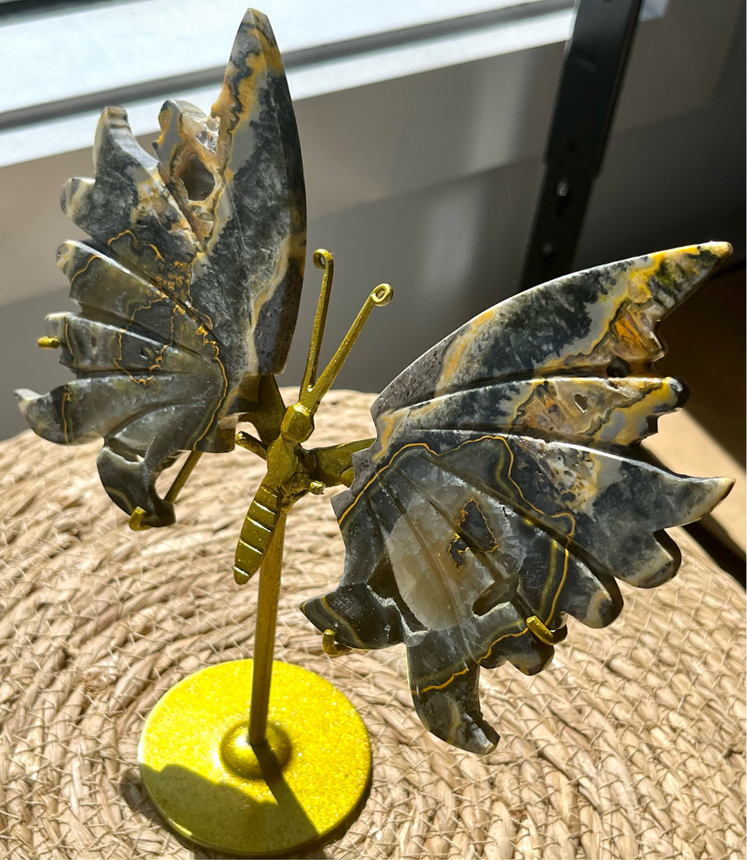 Bumblebee Jasper Butterfly Wings on Gold Stand #1